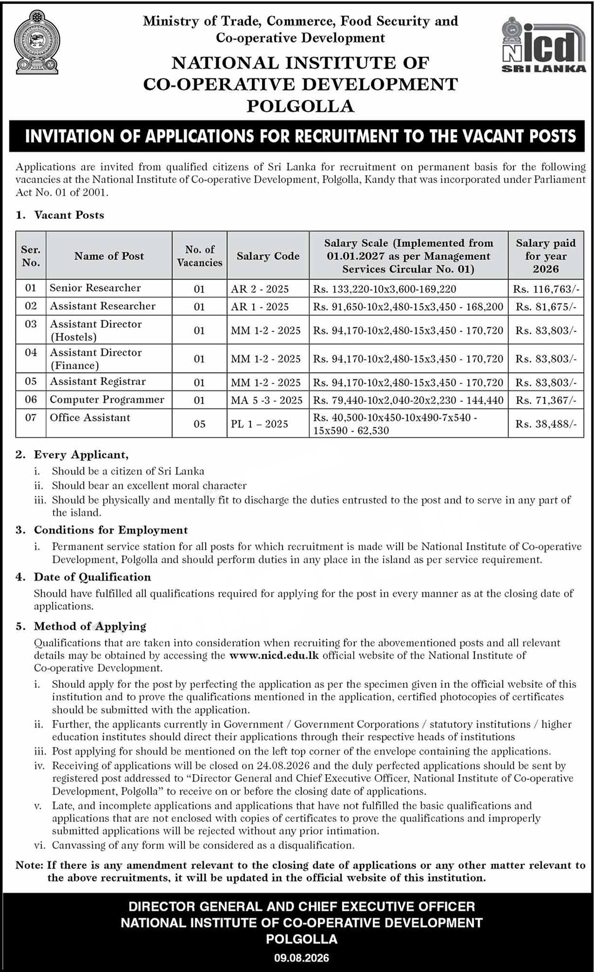 Computer Programmer, Assistant Registrar, Office Assistant - National Institute of Cooperative Development