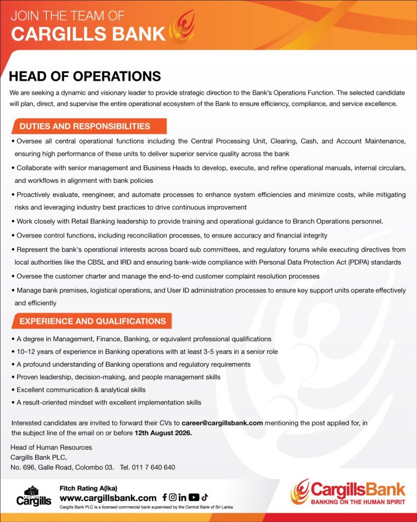 Head of Operations - Cargills Bank