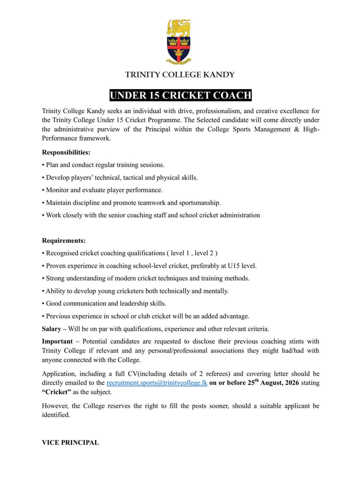 Cricket Coach - Trinity College