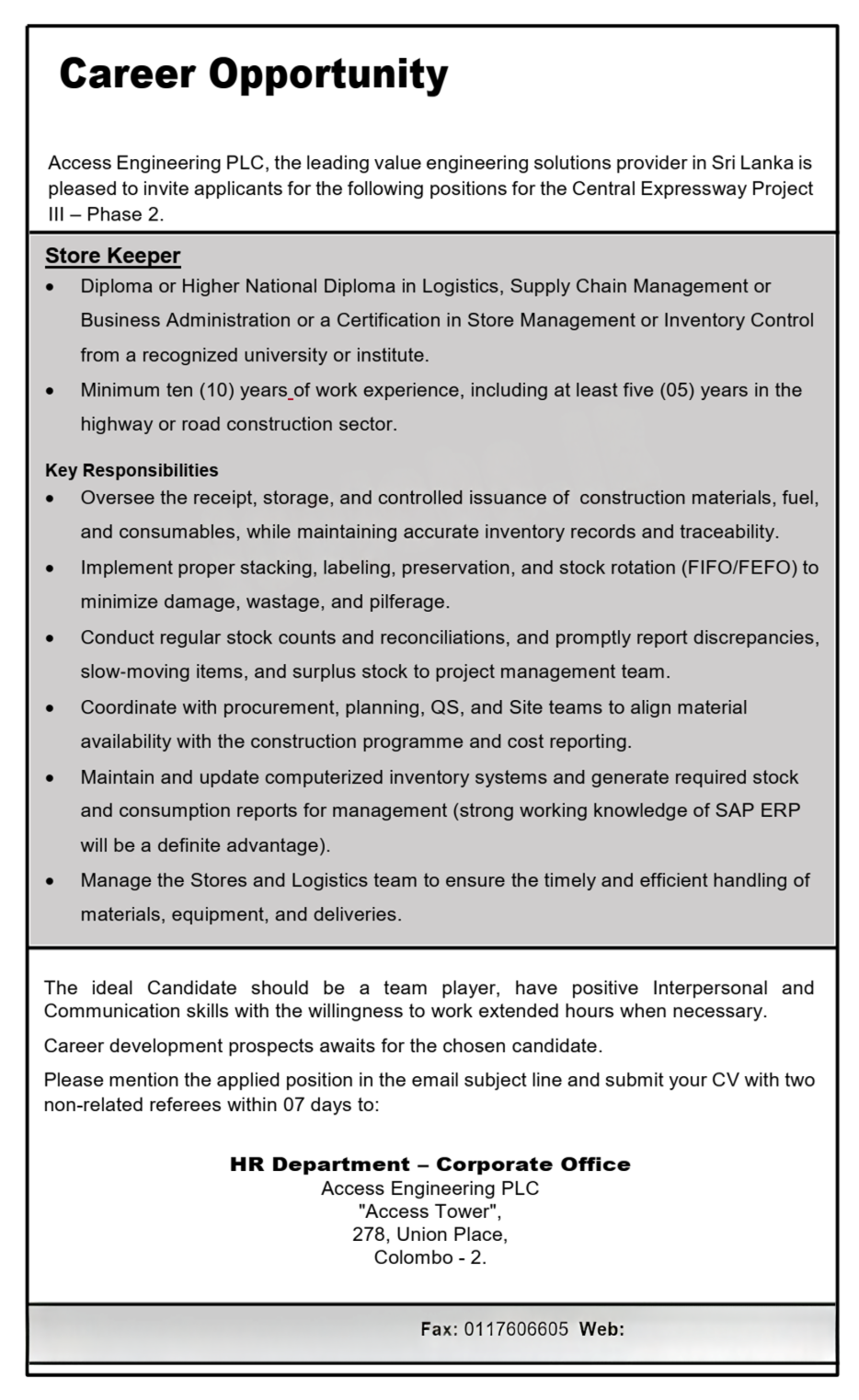 Store Keeper - Access Engineering PLC