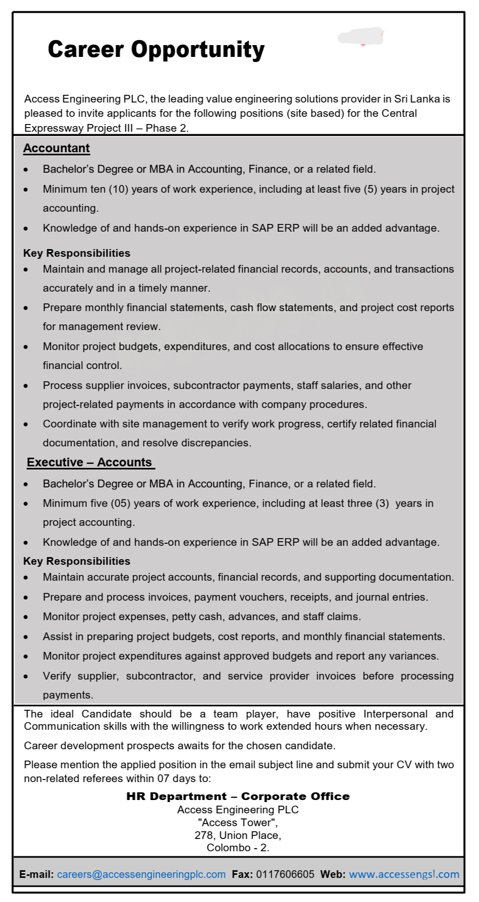 Accountant, Accounts Executive - Access Engineering PLC