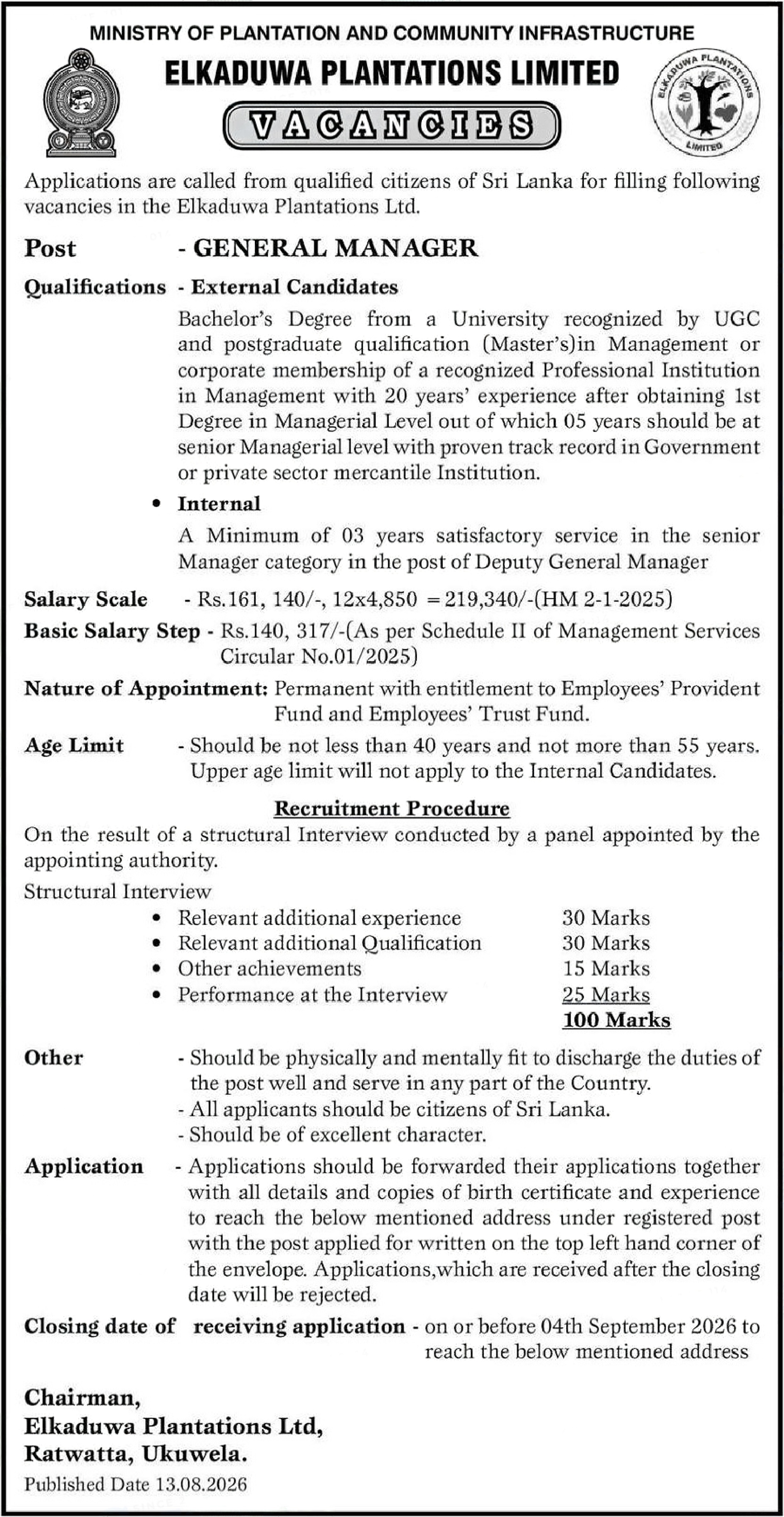 General Manager - Elkaduwa Plantation Limited