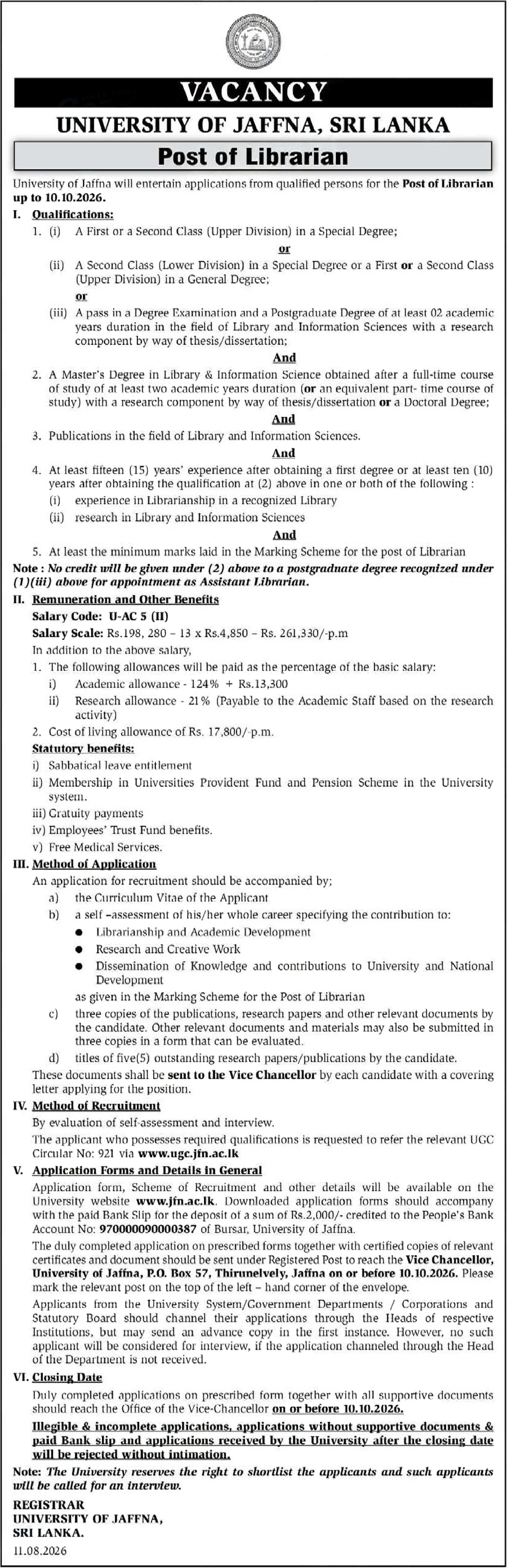 Librarian - University of Jaffna