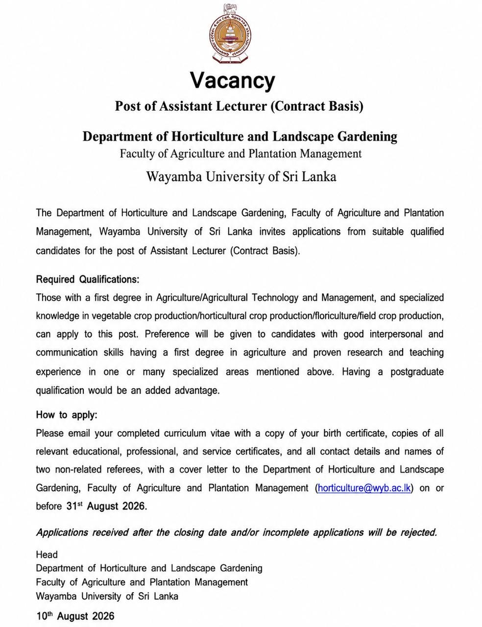 Assistant Lecturer - Wayamba University of Sri Lanka