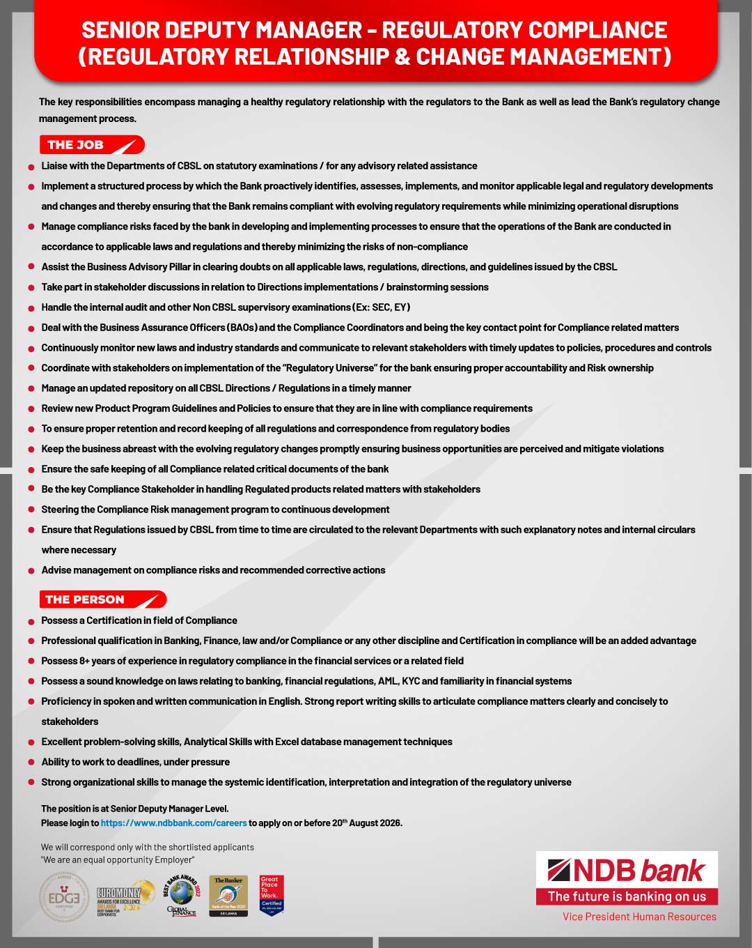 Senior Deputy Manager - National Development Bank