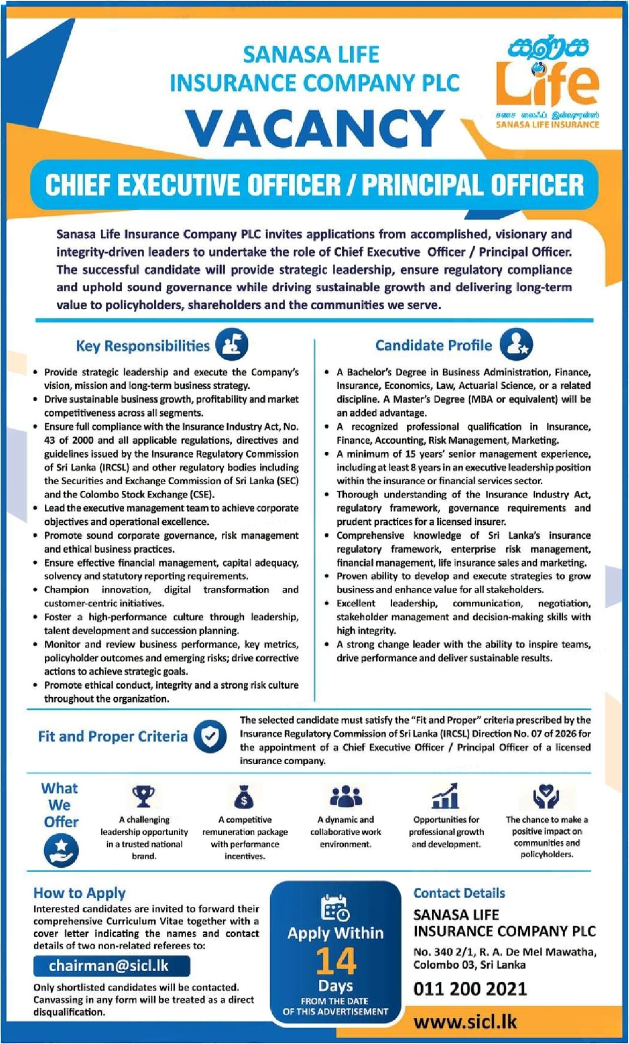Chief Executive Officer, Principal Officer - Sanasa Life Insurance Company Ltd