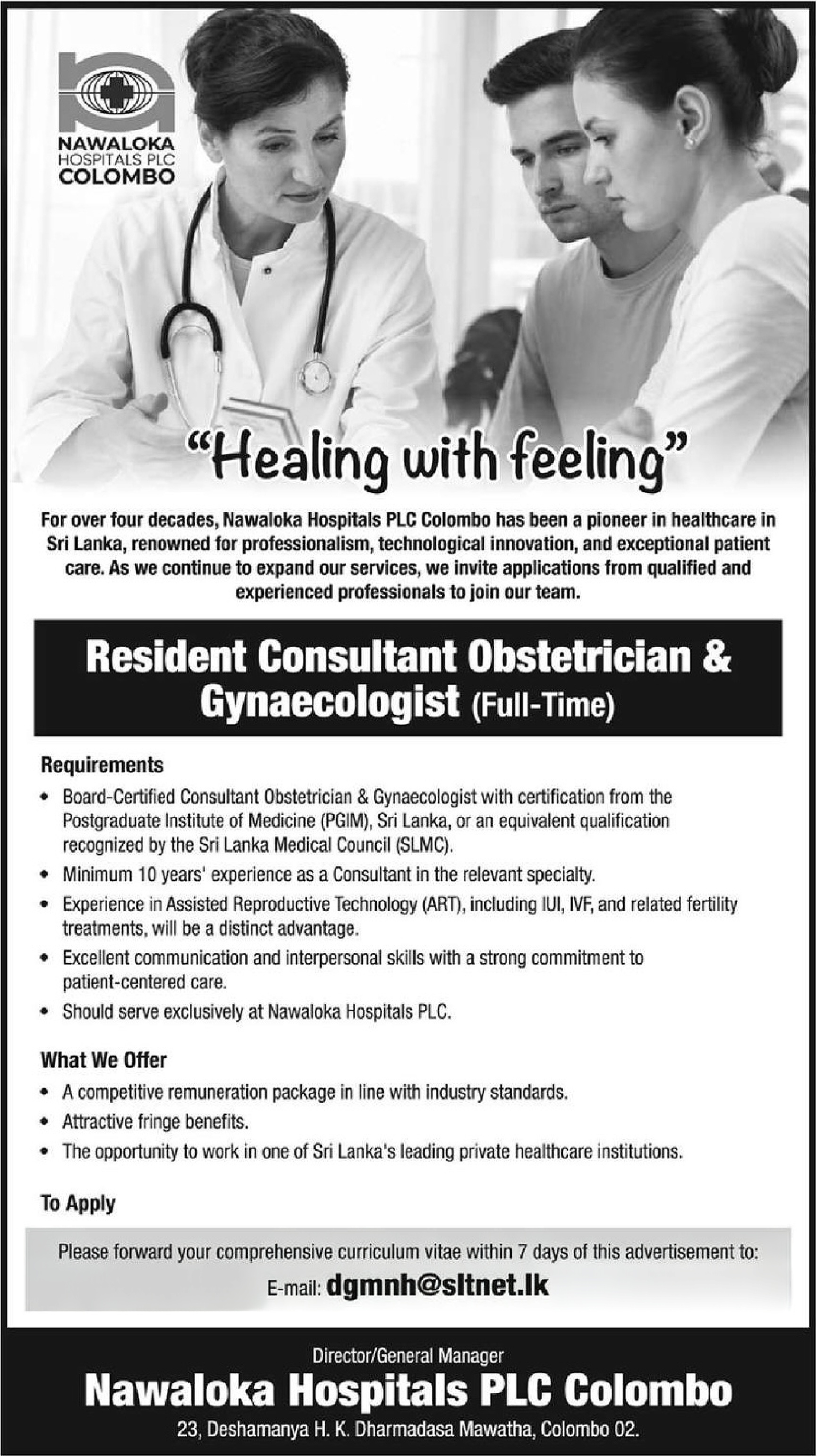 Resident Consultant Obstetrician, Gynecologist - Nawaloka Hospitals PLC