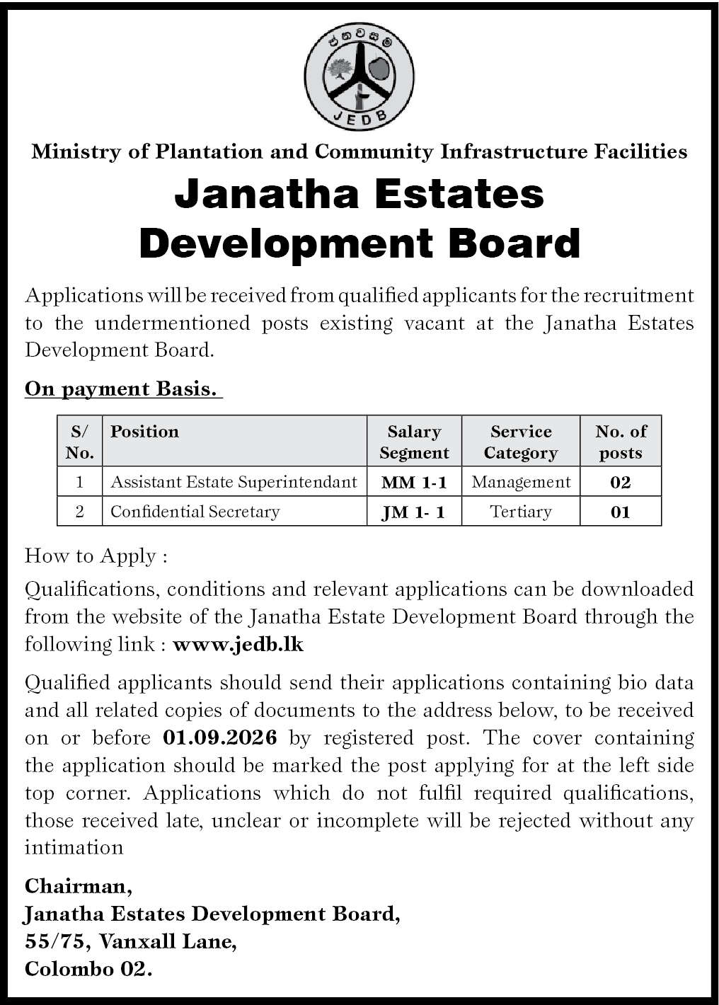 Assistant Estate Superintendent, Confidential Secretary - Janatha Estates Development Board