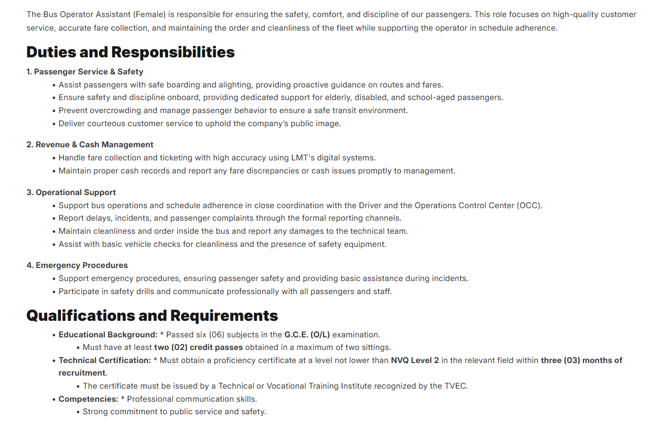 Bus Operator Assistant - Lanka Metro Transit (Pvt) Ltd