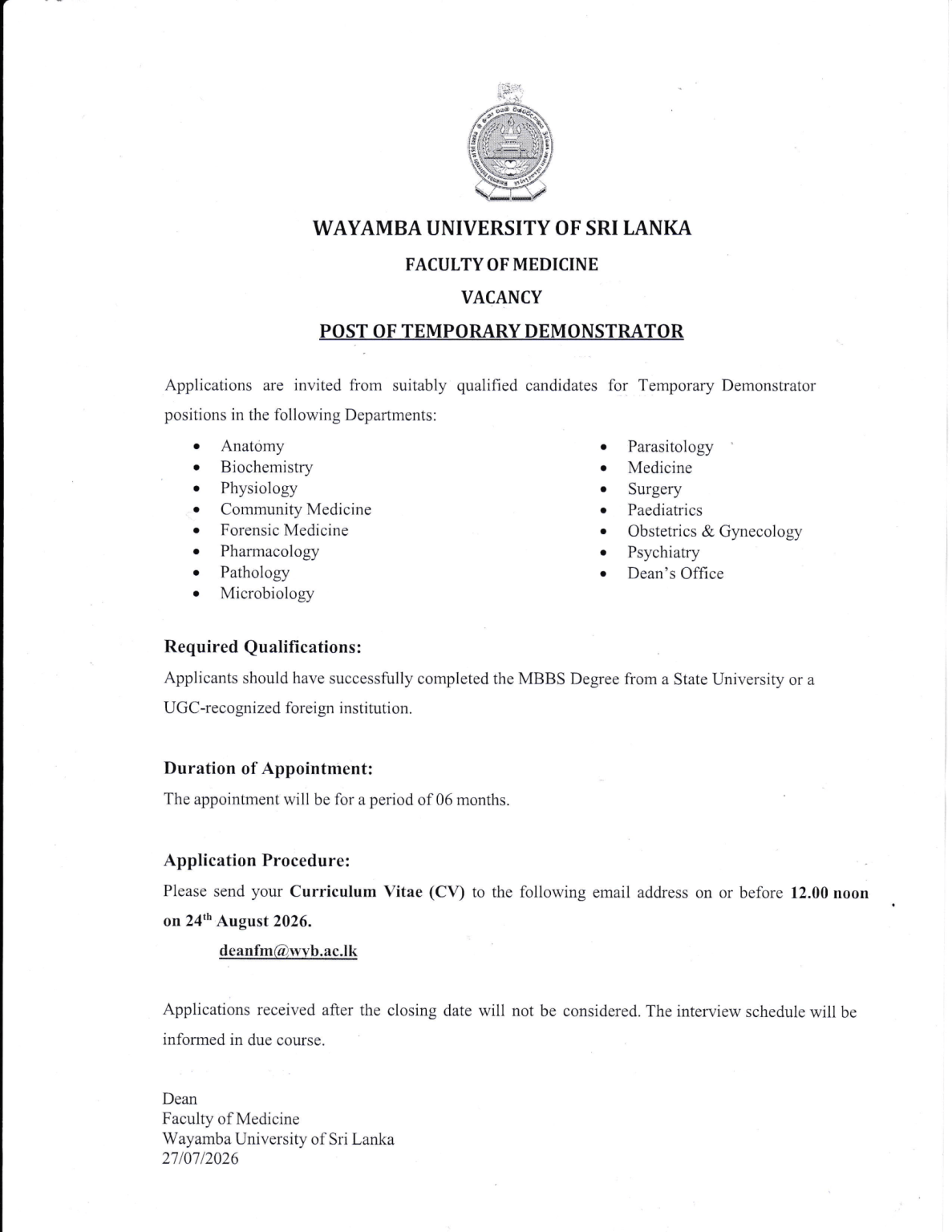 Demonstrator - Wayamba University of Sri Lanka