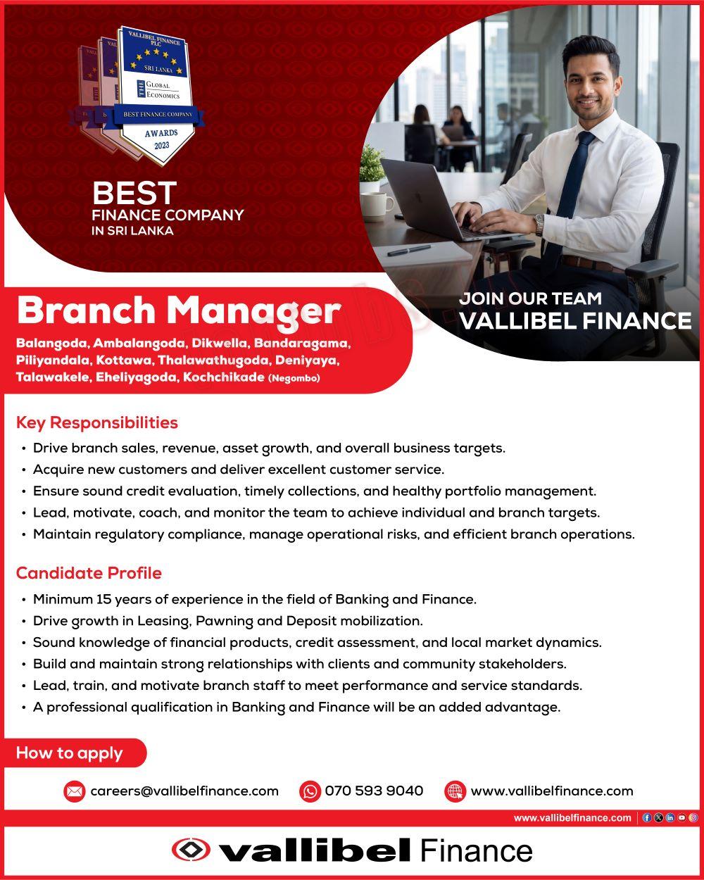 Branch Manager - Vallibel Finance PLC