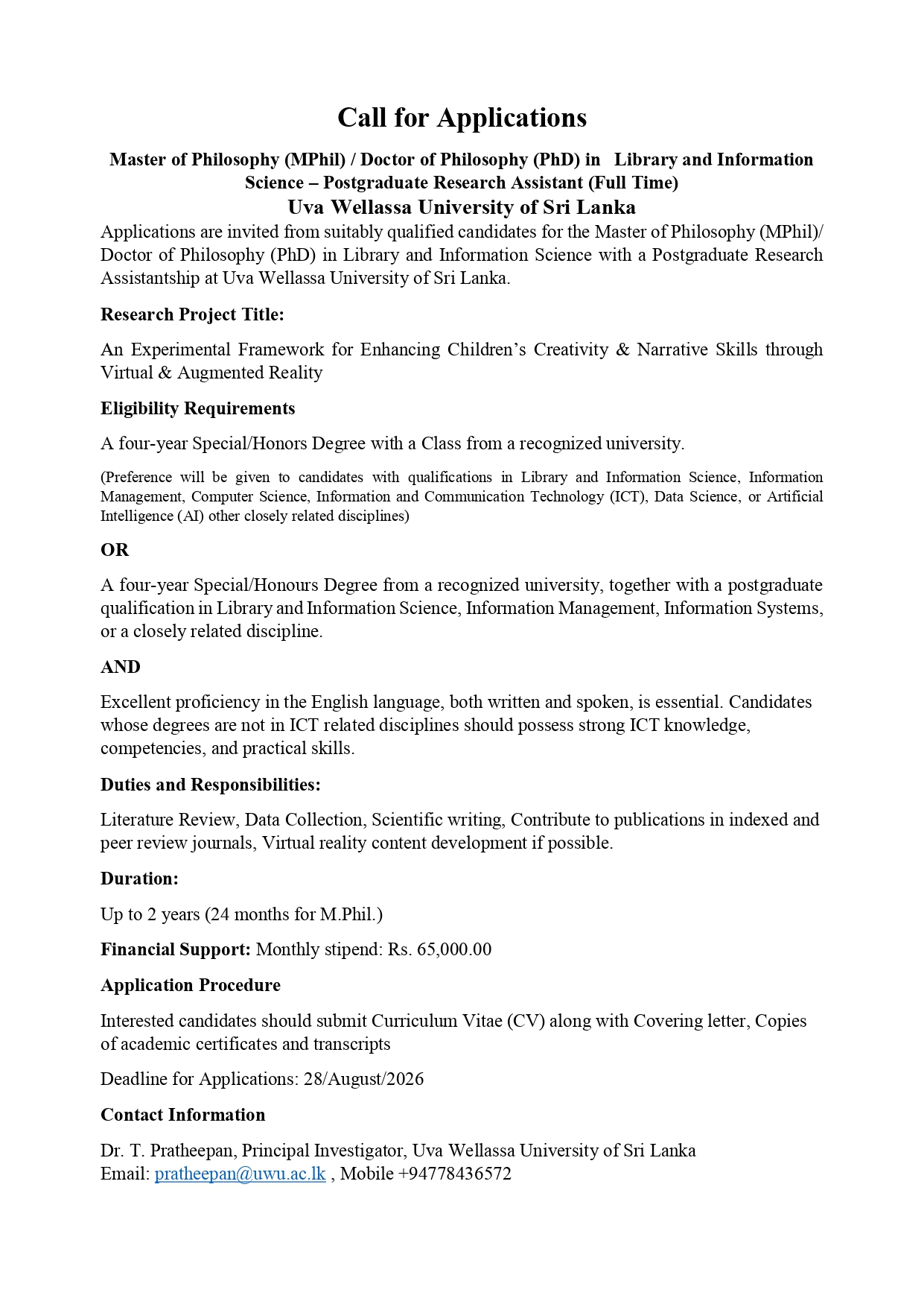 Postgraduate Research Assistant - Uva Wellassa University