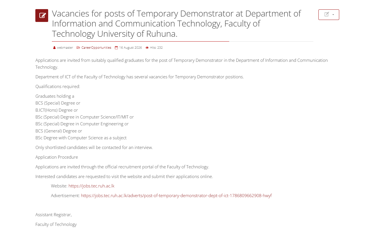 Demonstrator - University of Ruhuna