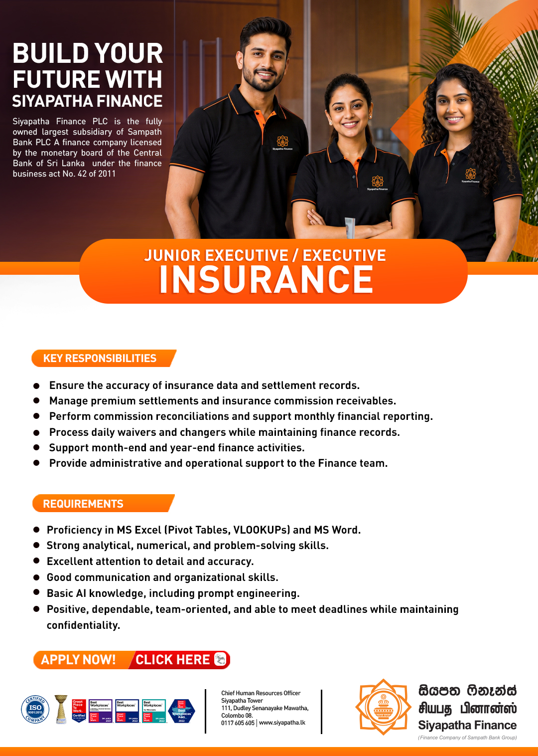 Junior Executive, Executive - Siyapatha Finance PLC