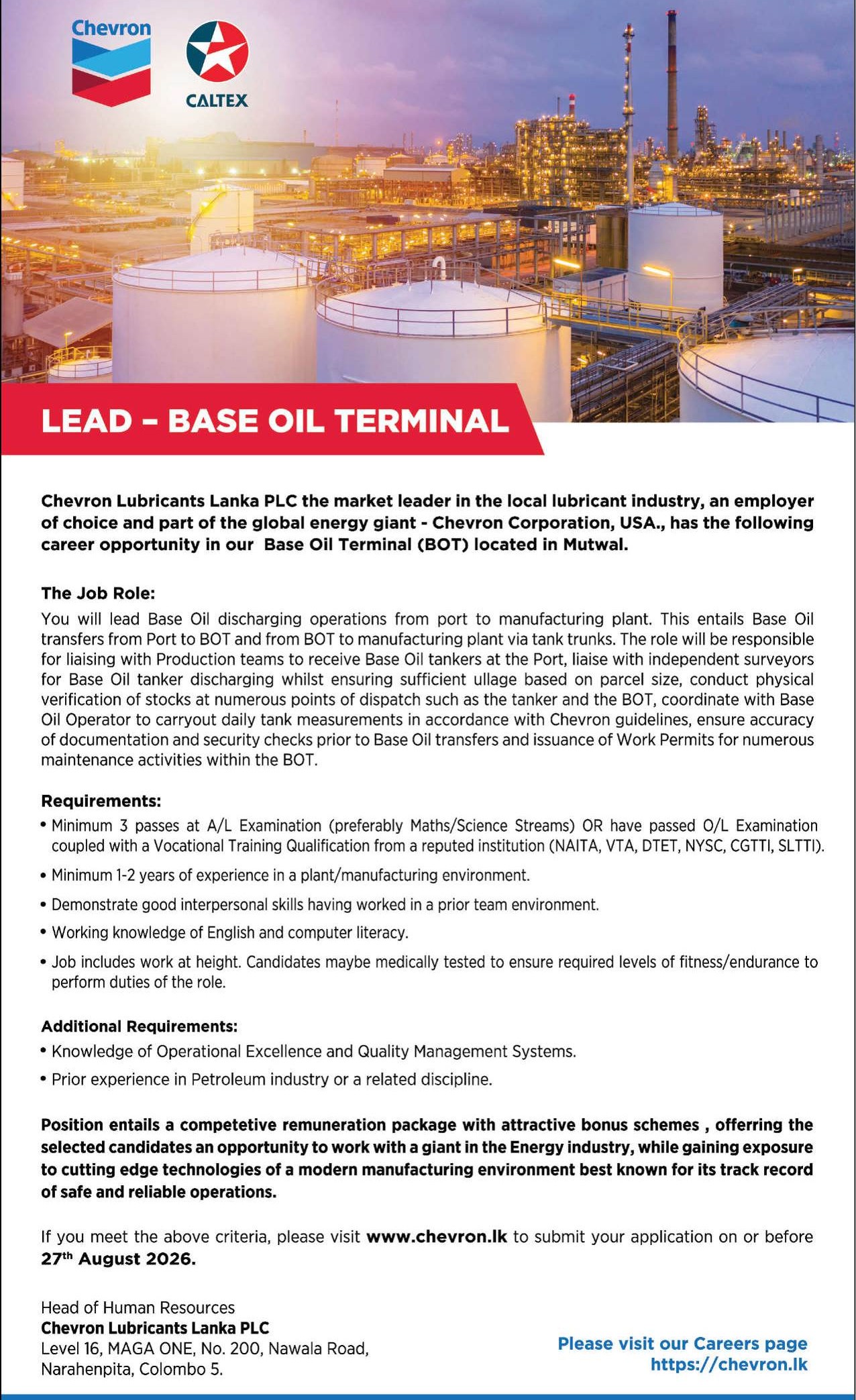 Lead - Chevron Lubricants Lanka PLC