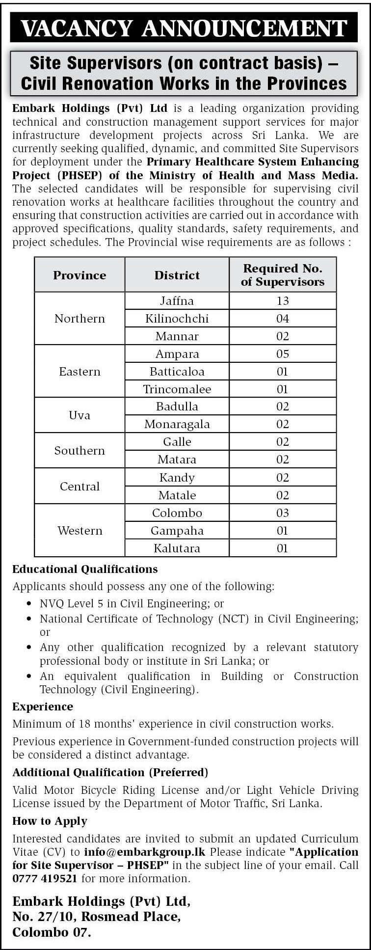 Site Supervisor - Embark Holdings (Pvt) Ltd