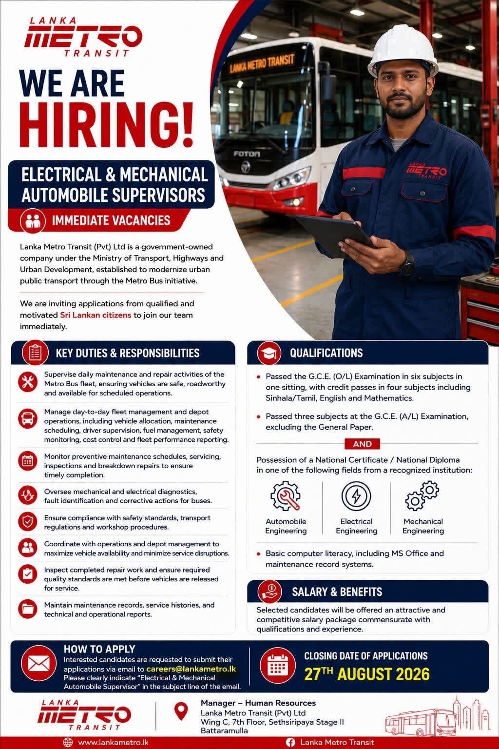 Electrical & Mechanical Automobile Supervisor - Lanka Metro Transit (Pvt) Ltd
