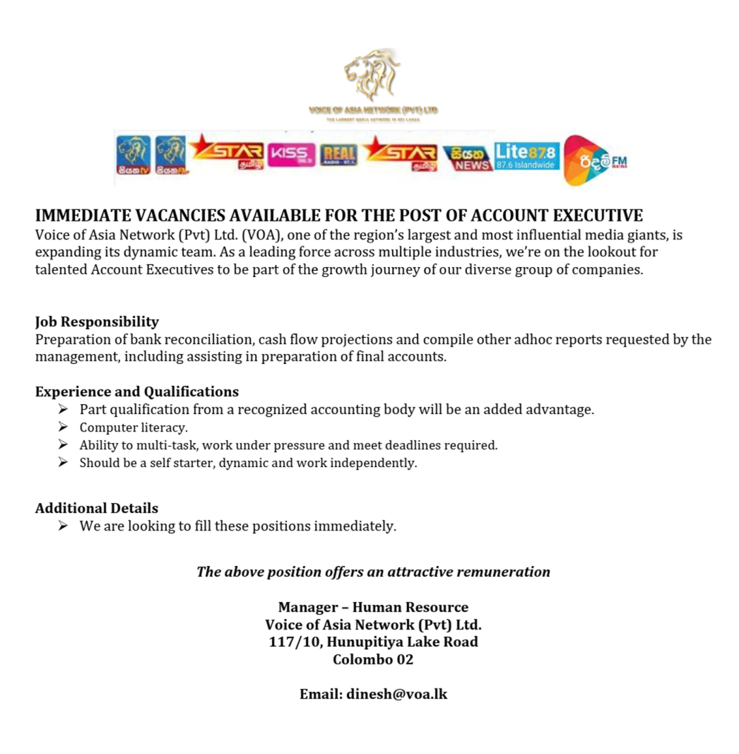 Accounts Executive - Voice of Asia Network (Pvt) Ltd