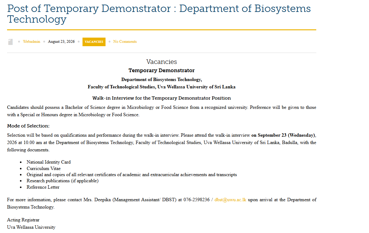 Demonstrator - Uva Wellassa University