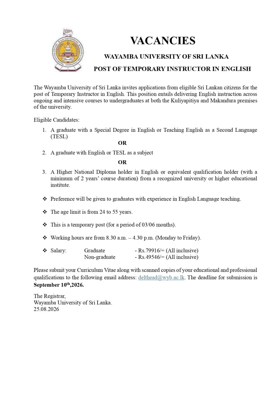Instructor - Wayamba University of Sri Lanka