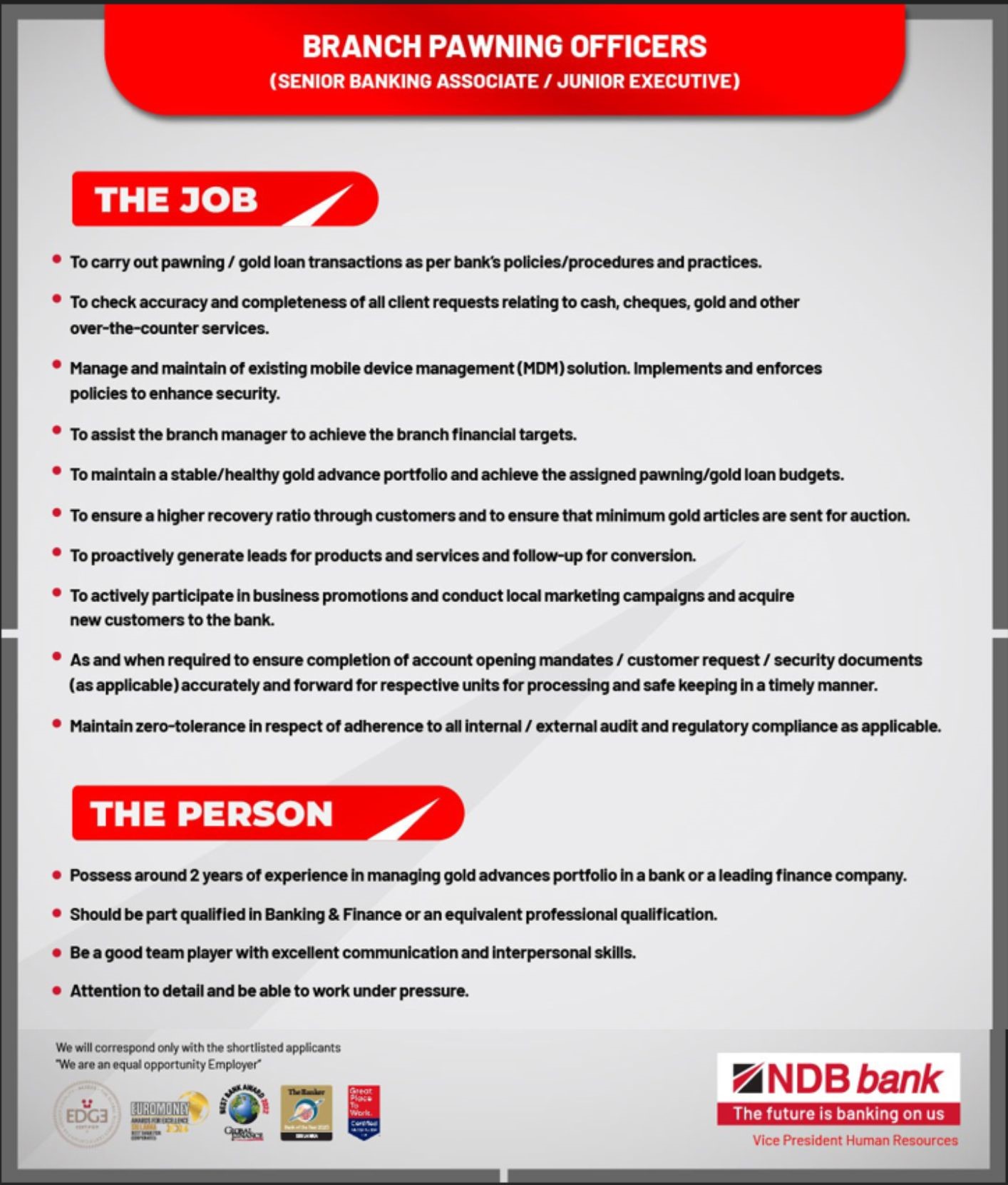 Pawning Officer - National Development Bank
