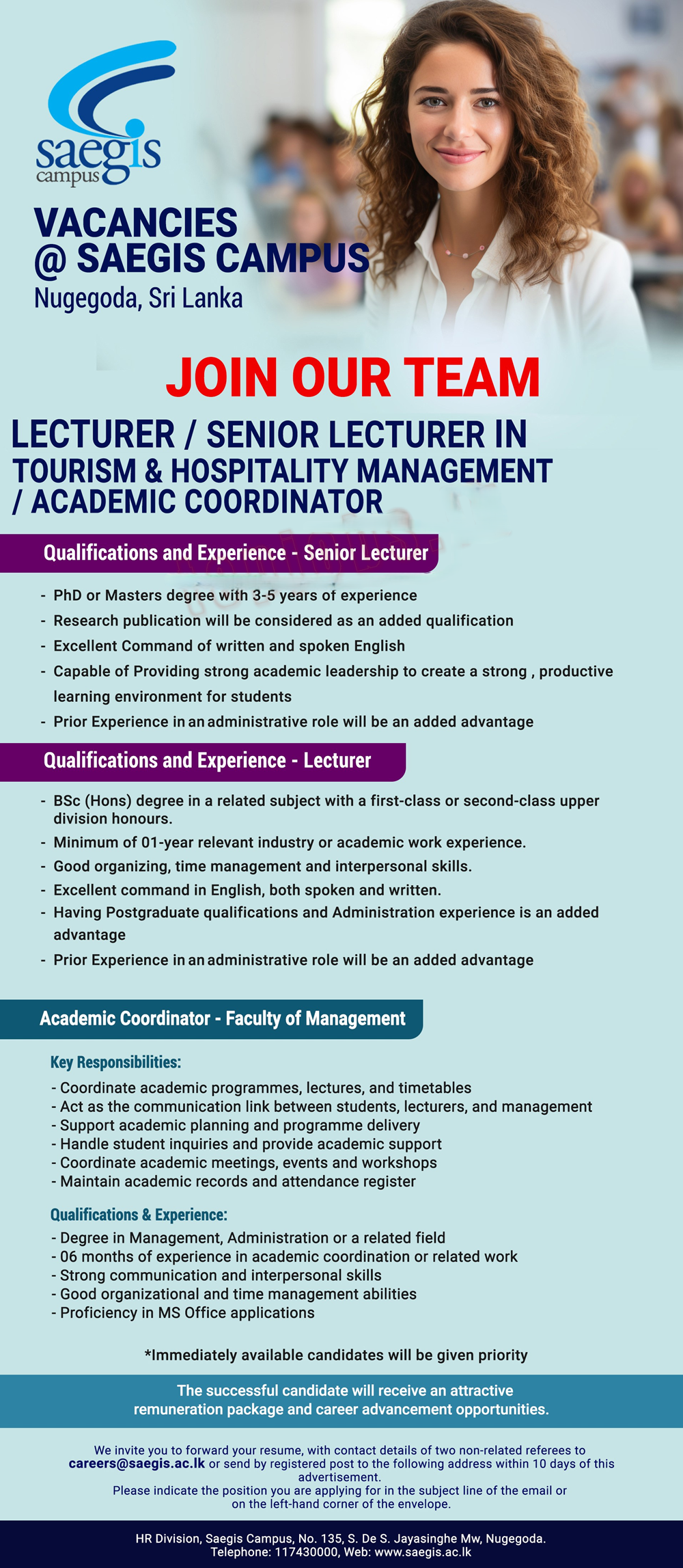 Lecturer, Senior Lecturer - Saegis Campus