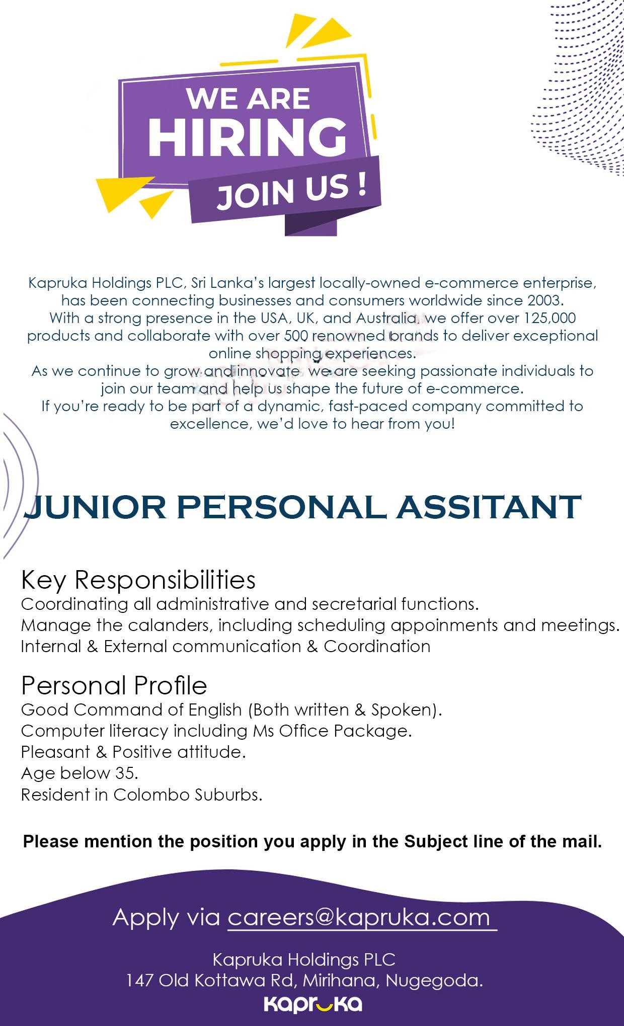 Junior Personal Assistant - Kapruka Holdings PLC
