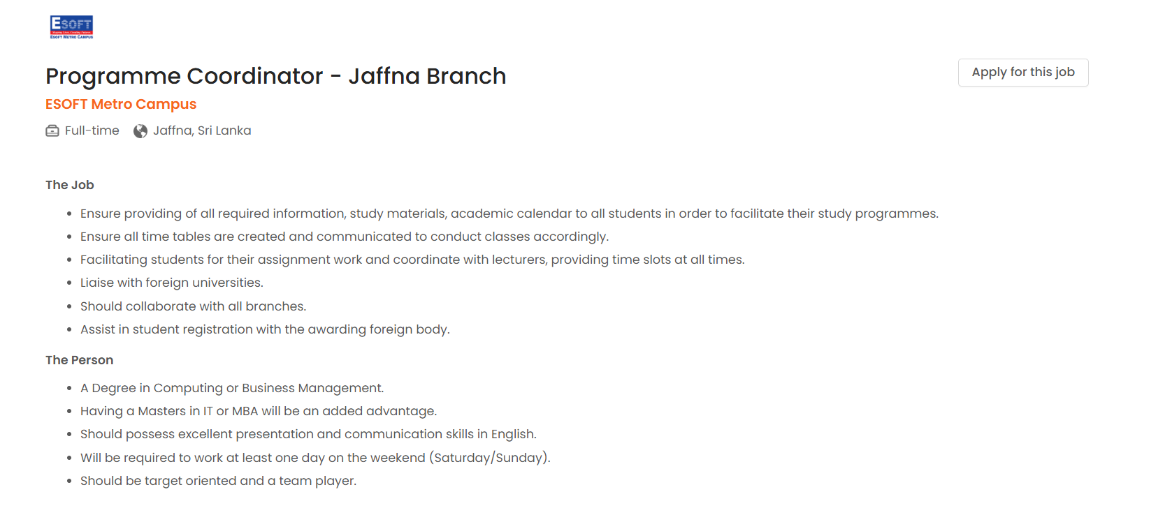 Programme Coordinator - Esoft Metro Campus