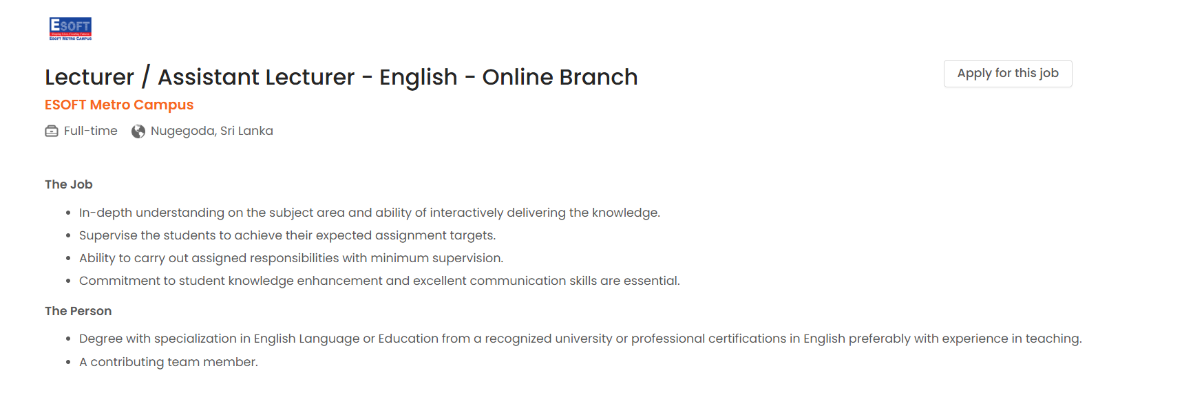 Lecturer, Assistant Lecturer - Esoft Metro Campus
