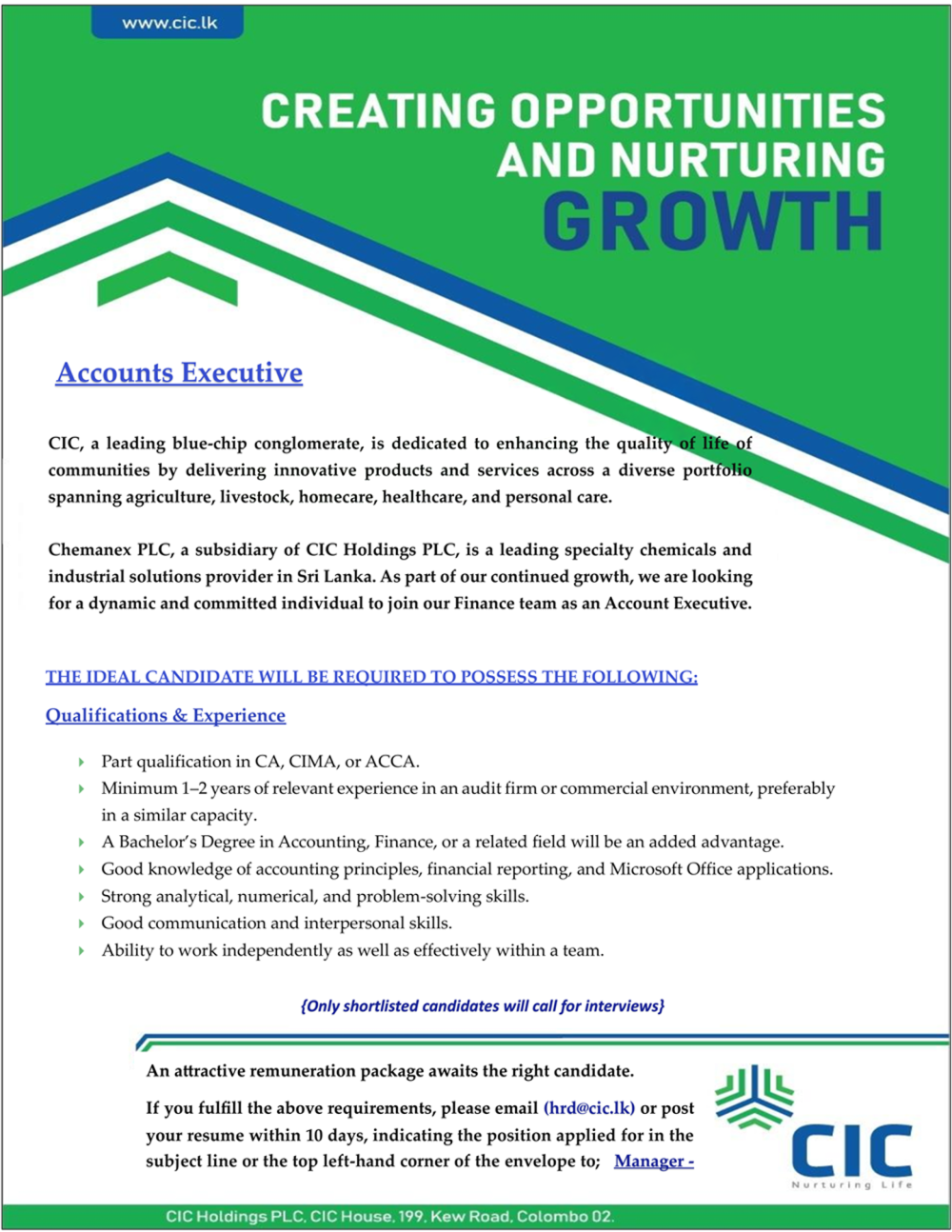Accounts Executive - CIC Holdings PLC