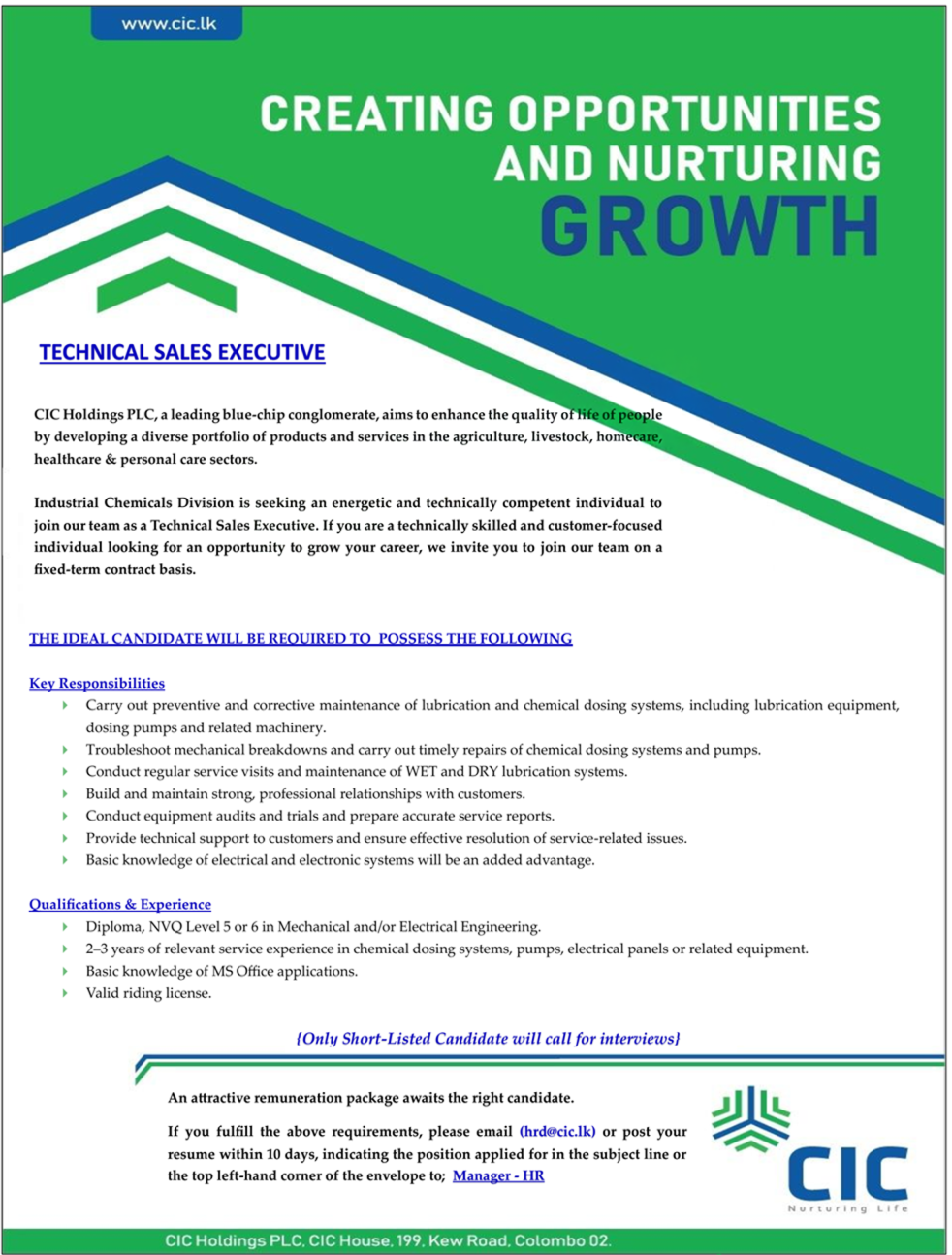 Technical Sales Executive - CIC Holdings PLC