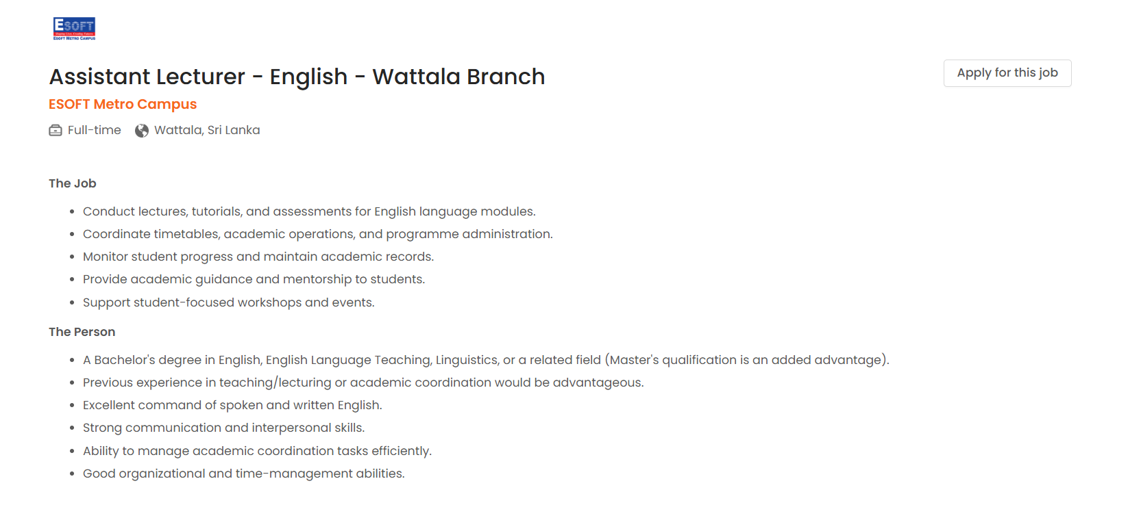 Assistant Lecturer - Esoft Metro Campus