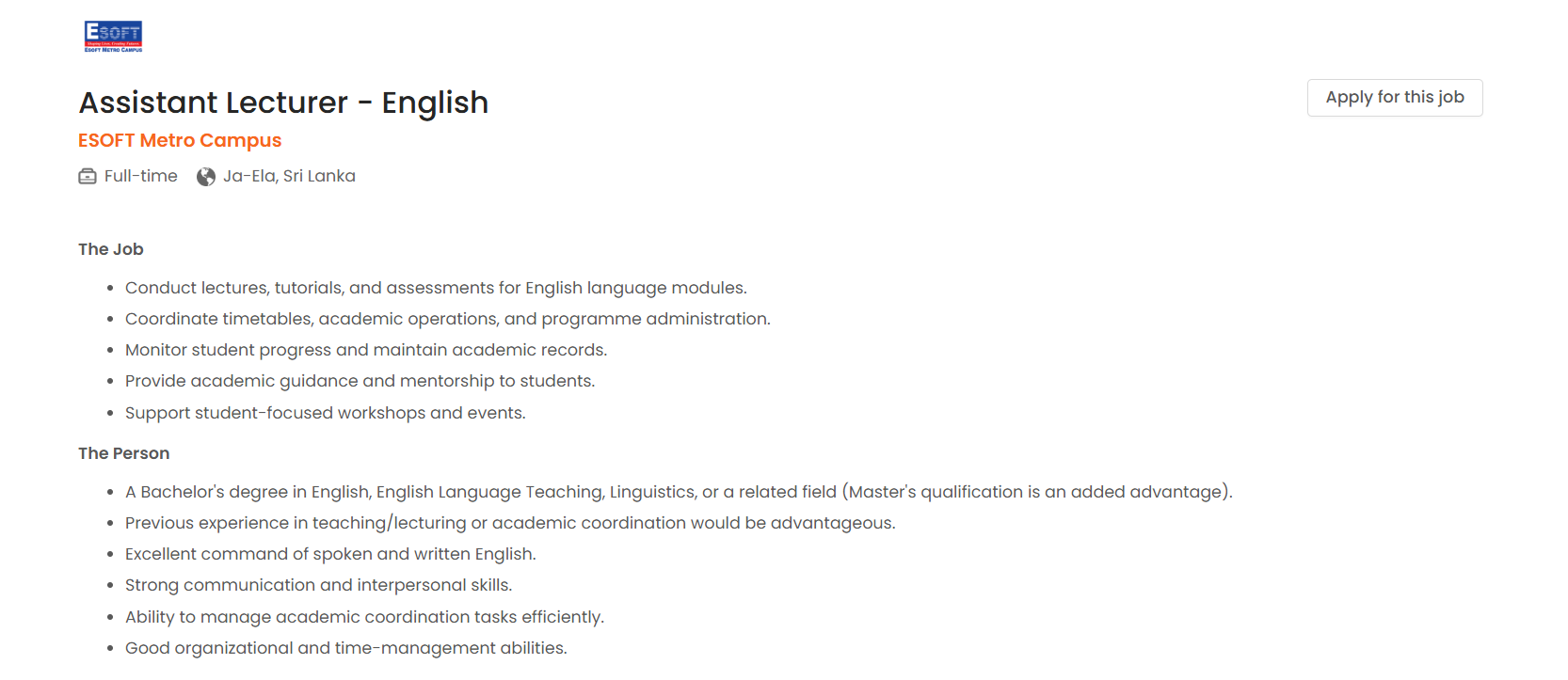 Assistant Lecturer - Esoft Metro Campus