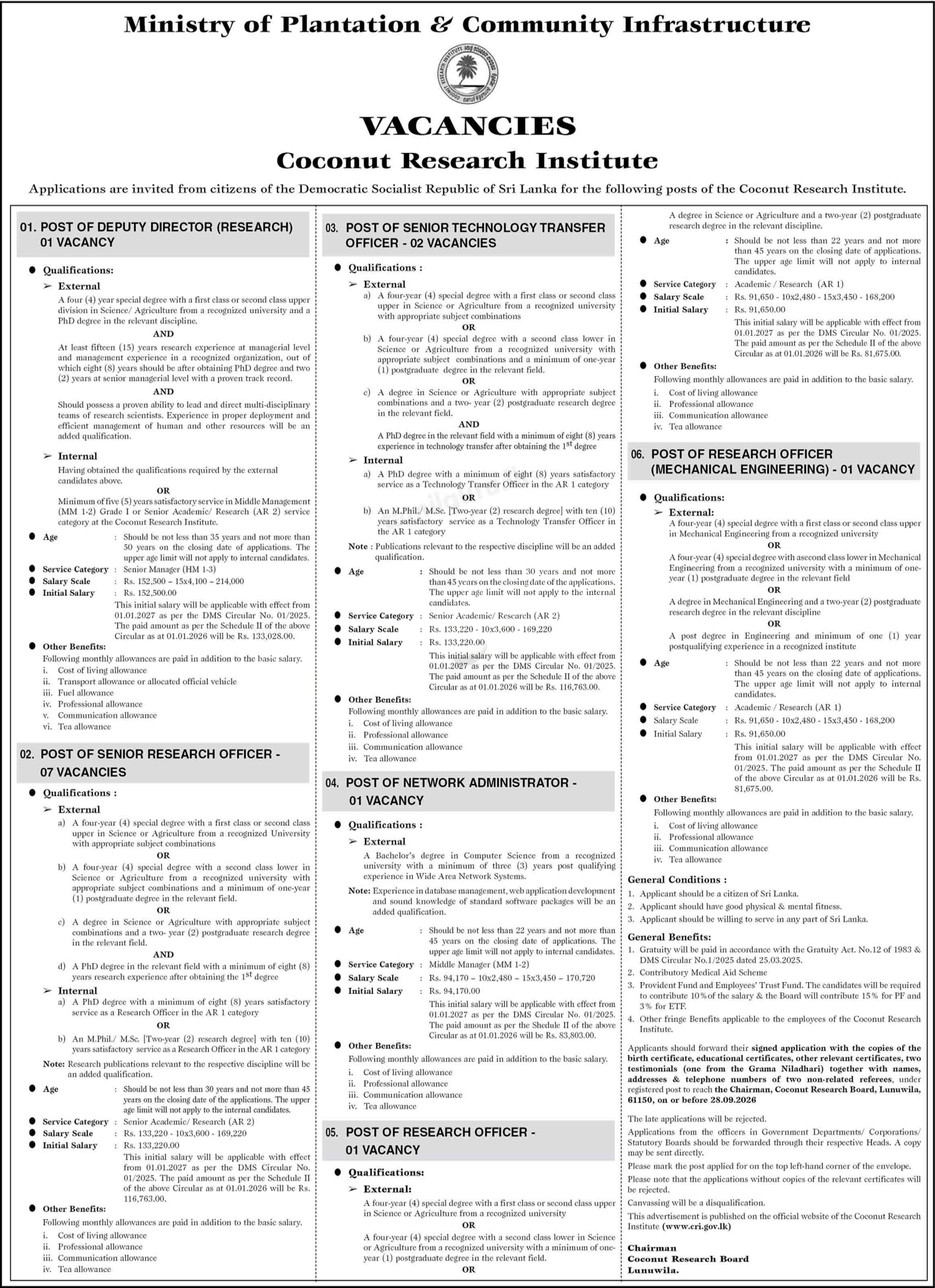 Deputy Director, Senior Research Officer, Network Administrator - Coconut Research Institute of Sri Lanka