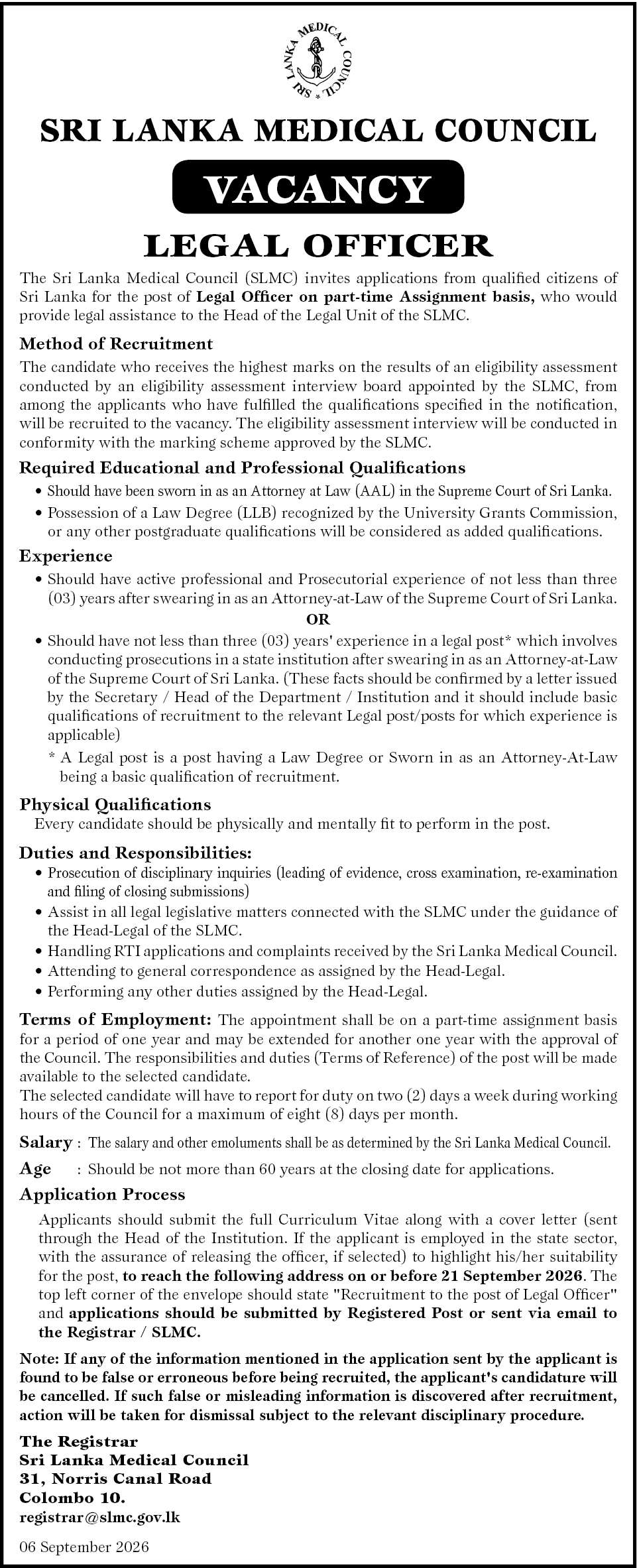 Legal Officer - Sri Lanka Medical Council