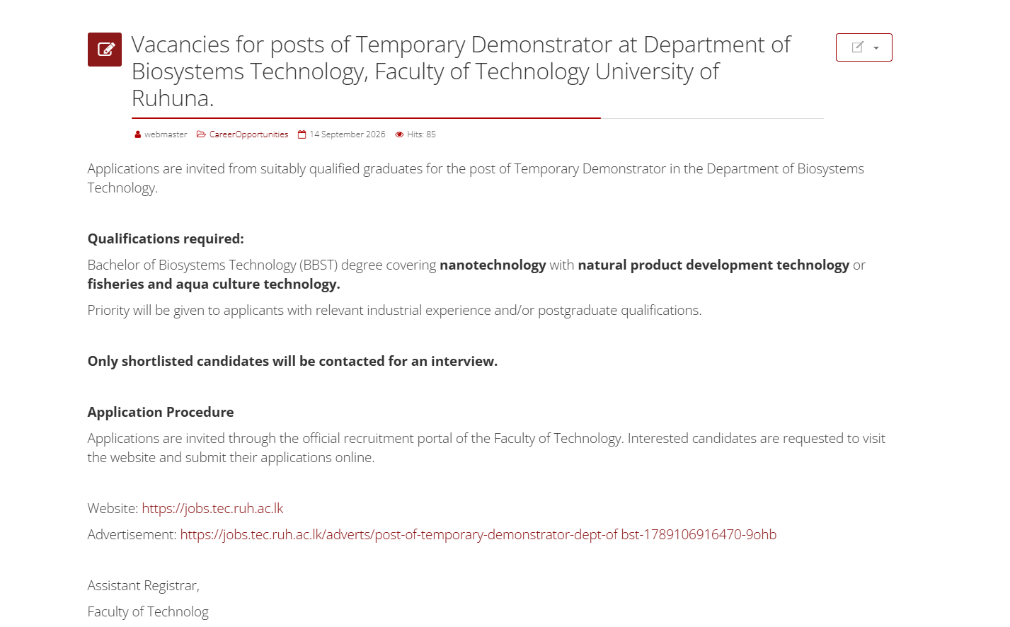 Demonstrator - University of Ruhuna