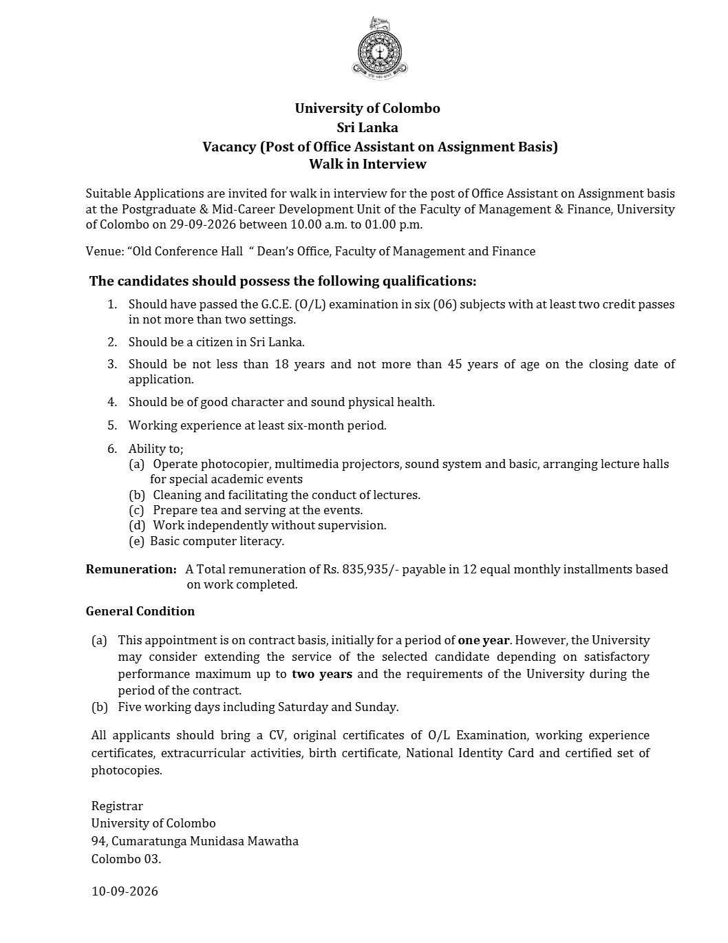 Office Assistant - University of Colombo