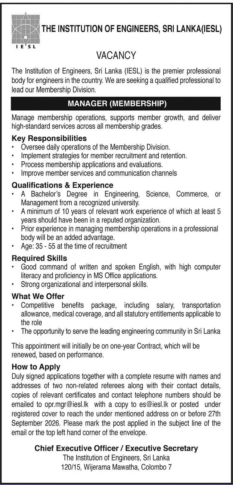 Manager - The Institution of Engineers Sri Lanka