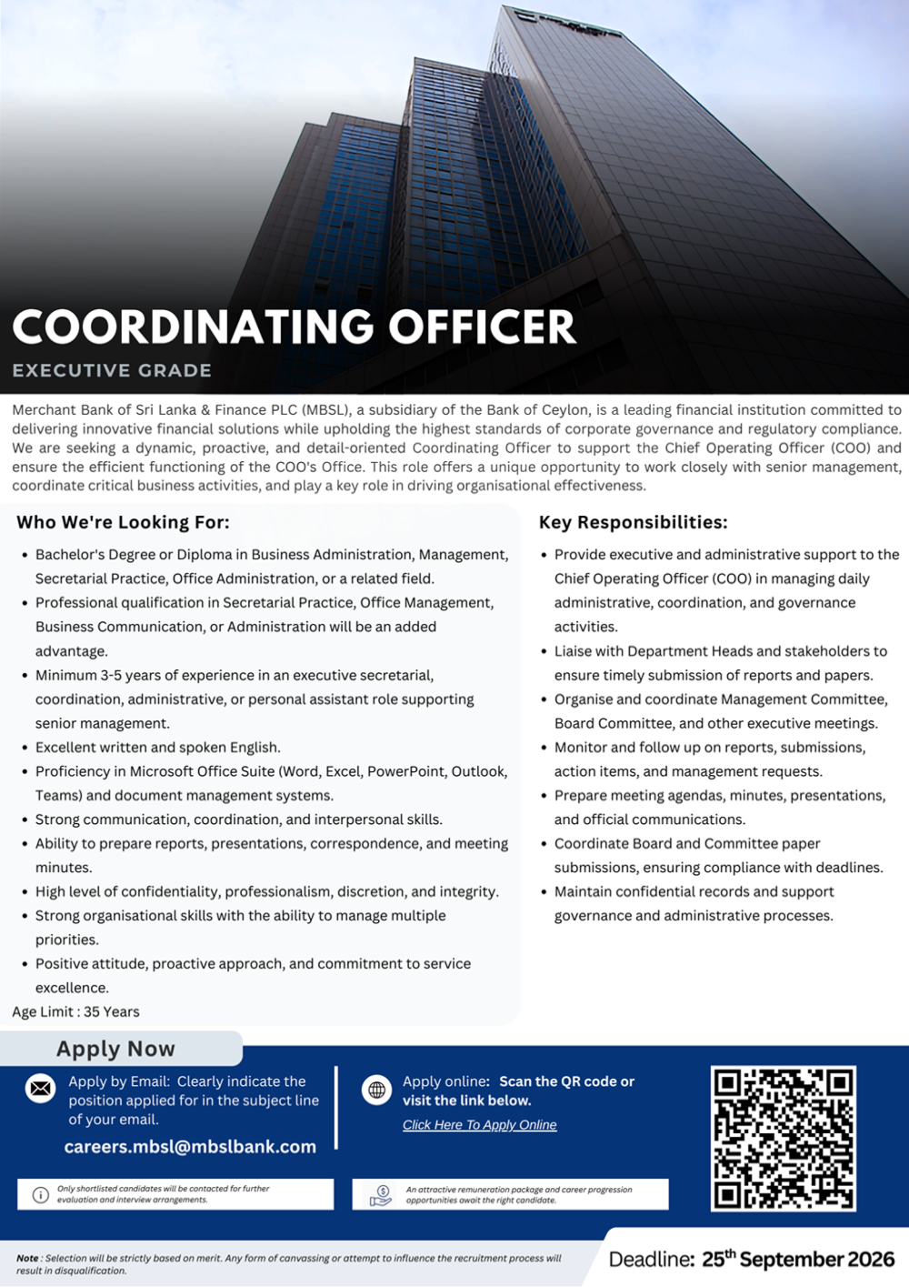 Coordinating Officer - Merchant Bank of Sri Lanka & Finance PLC