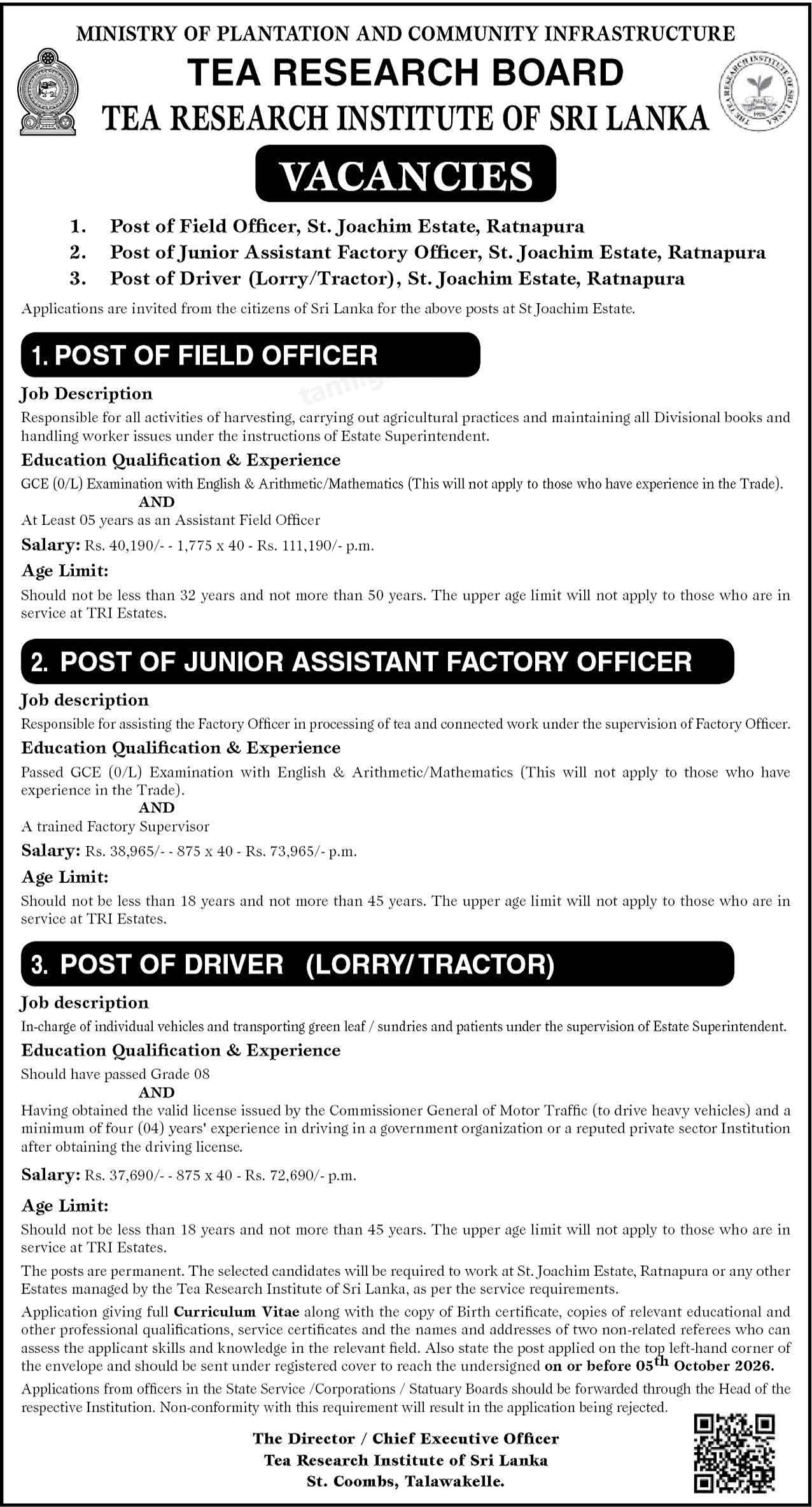 Field Officer, Junior Assistant Factory Officer, Driver - Tea Research Institute