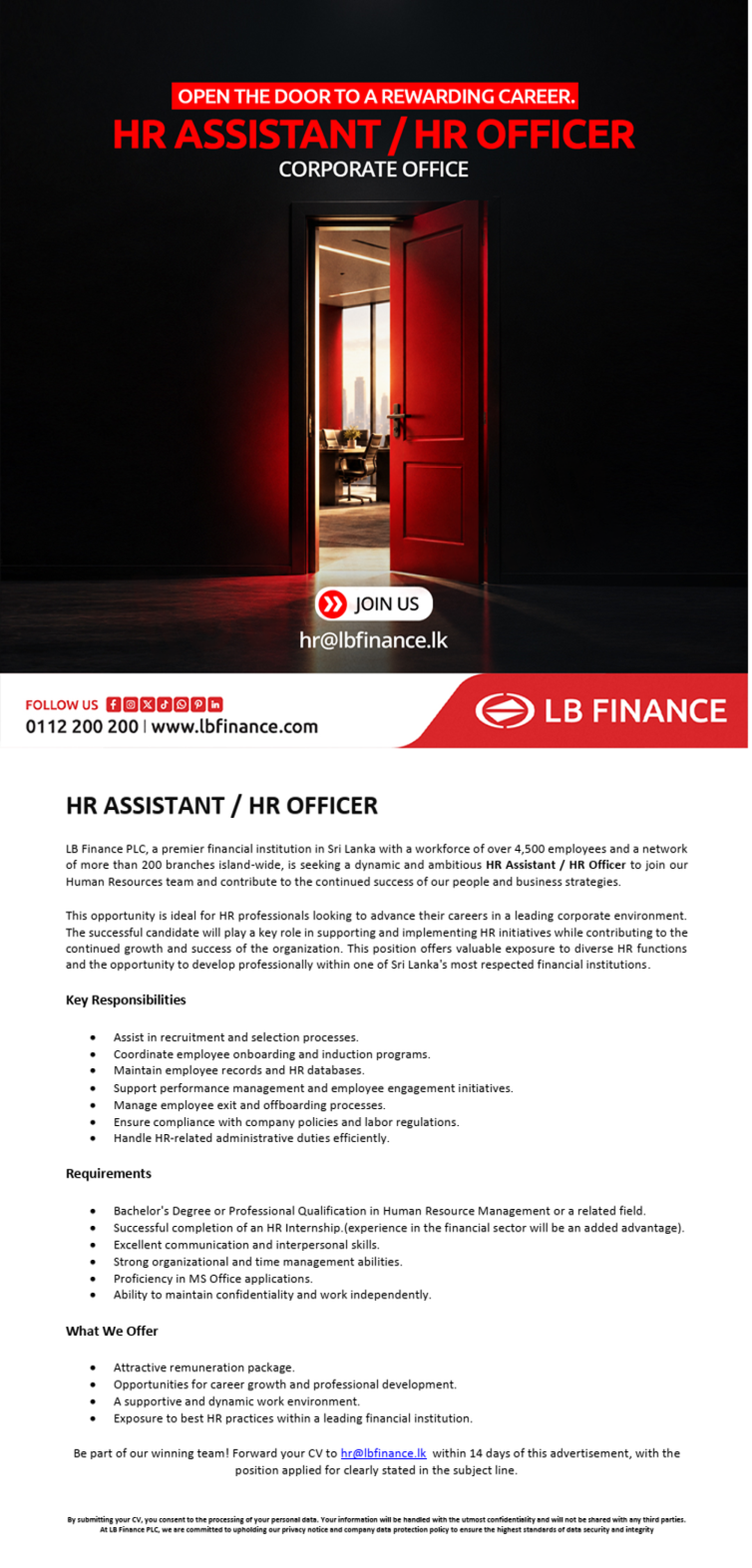 Human Resource Assistant, Human Resource Officer - LB Finance PLC