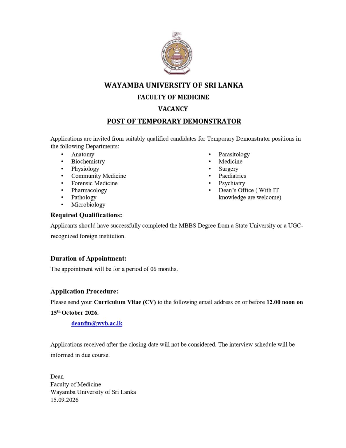 Demonstrator - Wayamba University of Sri Lanka