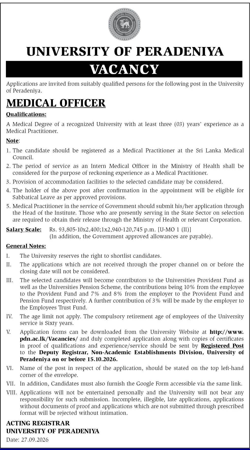 Medical Officer - University of Peradeniya