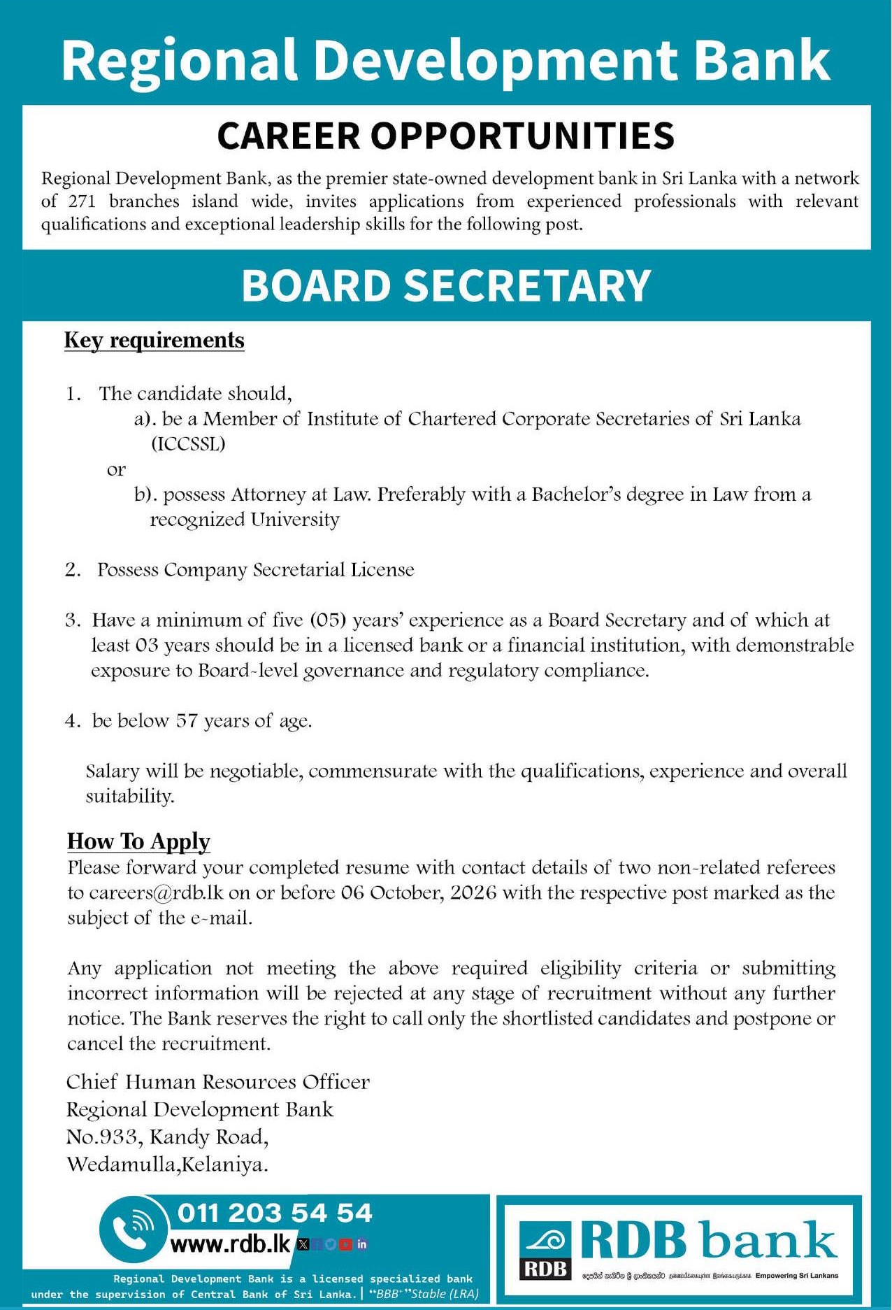 Board Secretary - Regional Development Bank