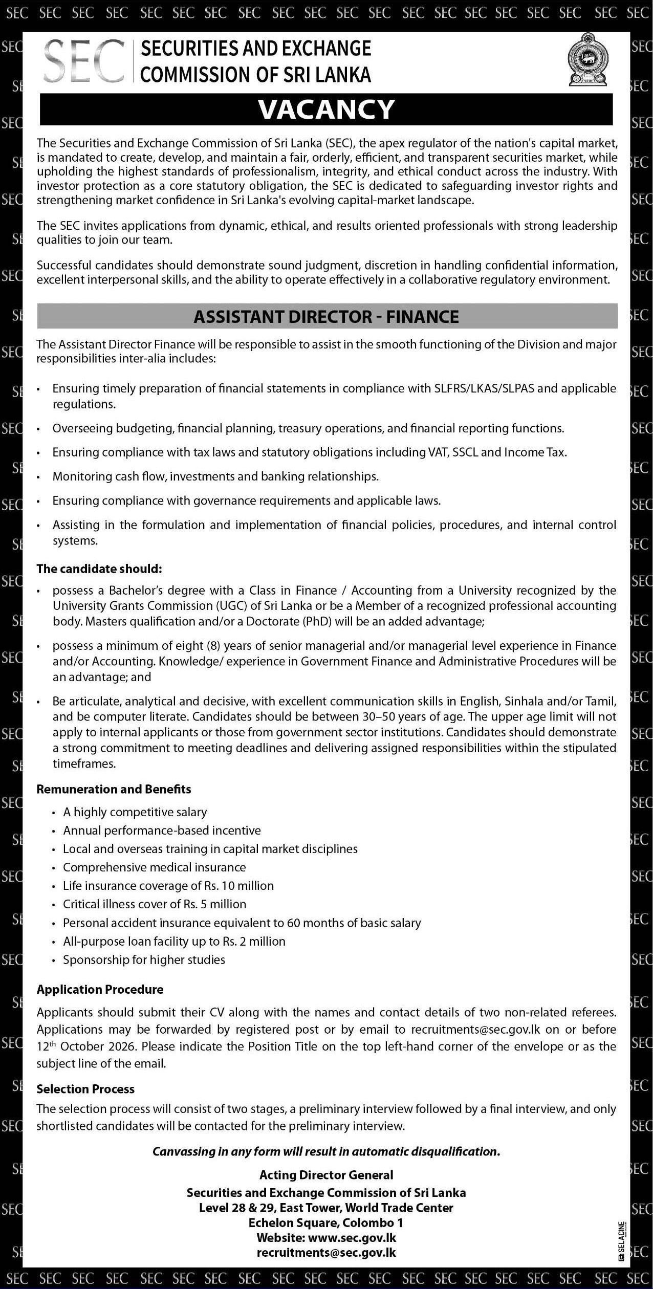 Assistant Director - Securities and Exchange Commission of Sri Lanka