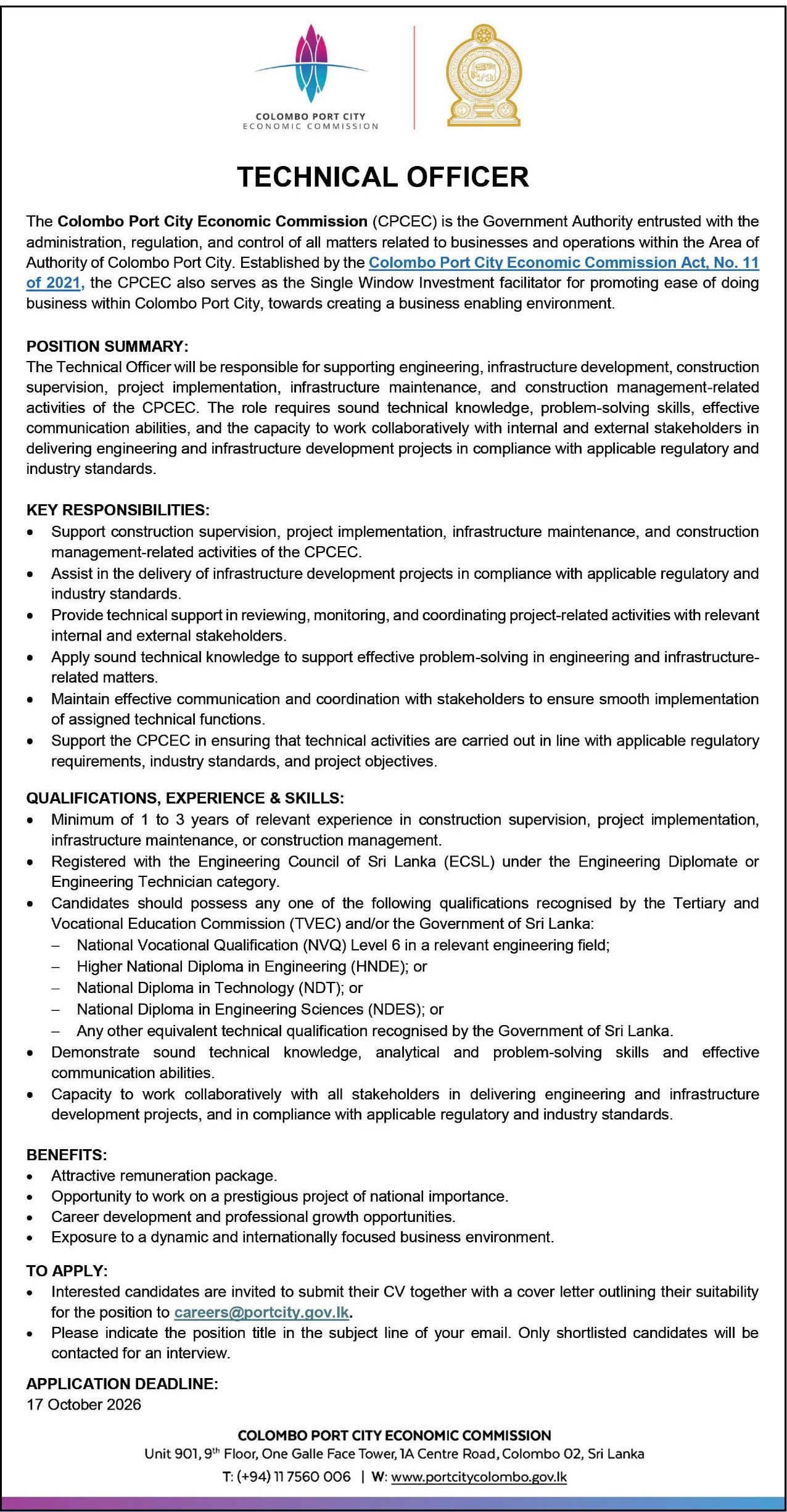 Technical Officer - Colombo Port City Economic Commision
