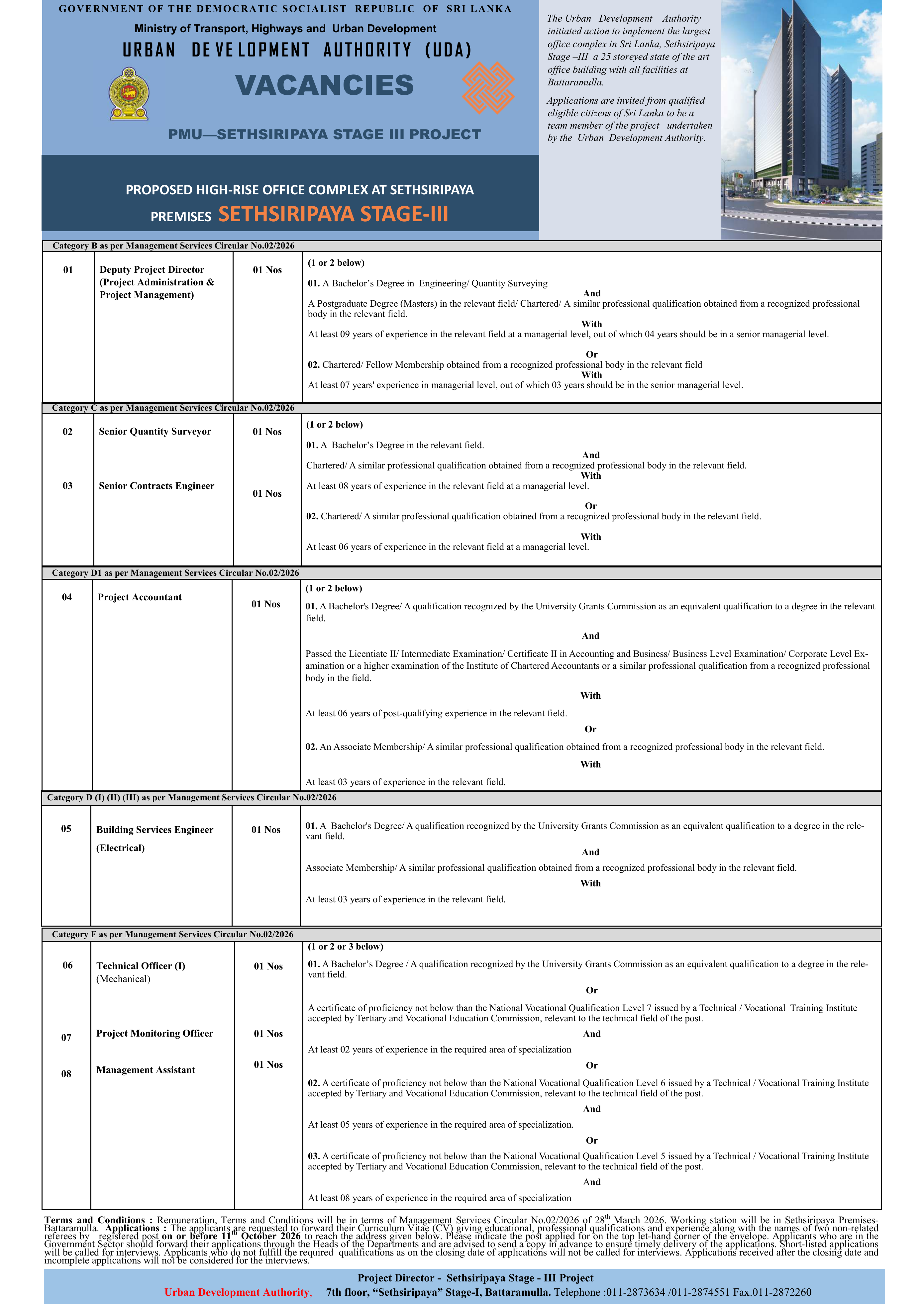 Management Assistant, Technical Officer, Deputy Project Director - Urban Development Authority