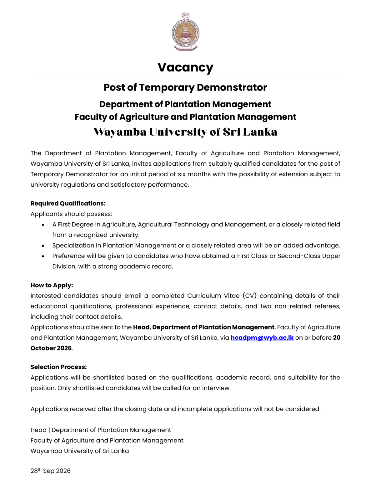 Demonstrator - Wayamba University of Sri Lanka