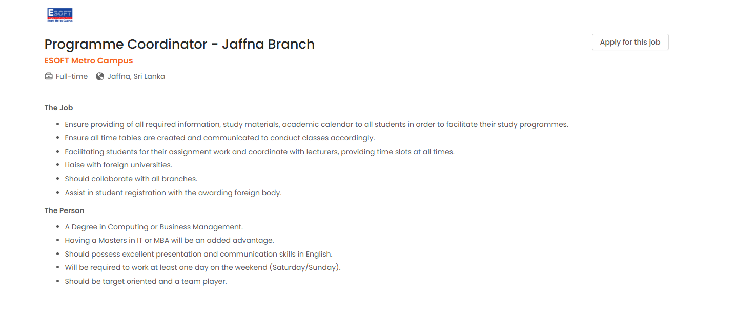 Programme Coordinator - Esoft Metro Campus