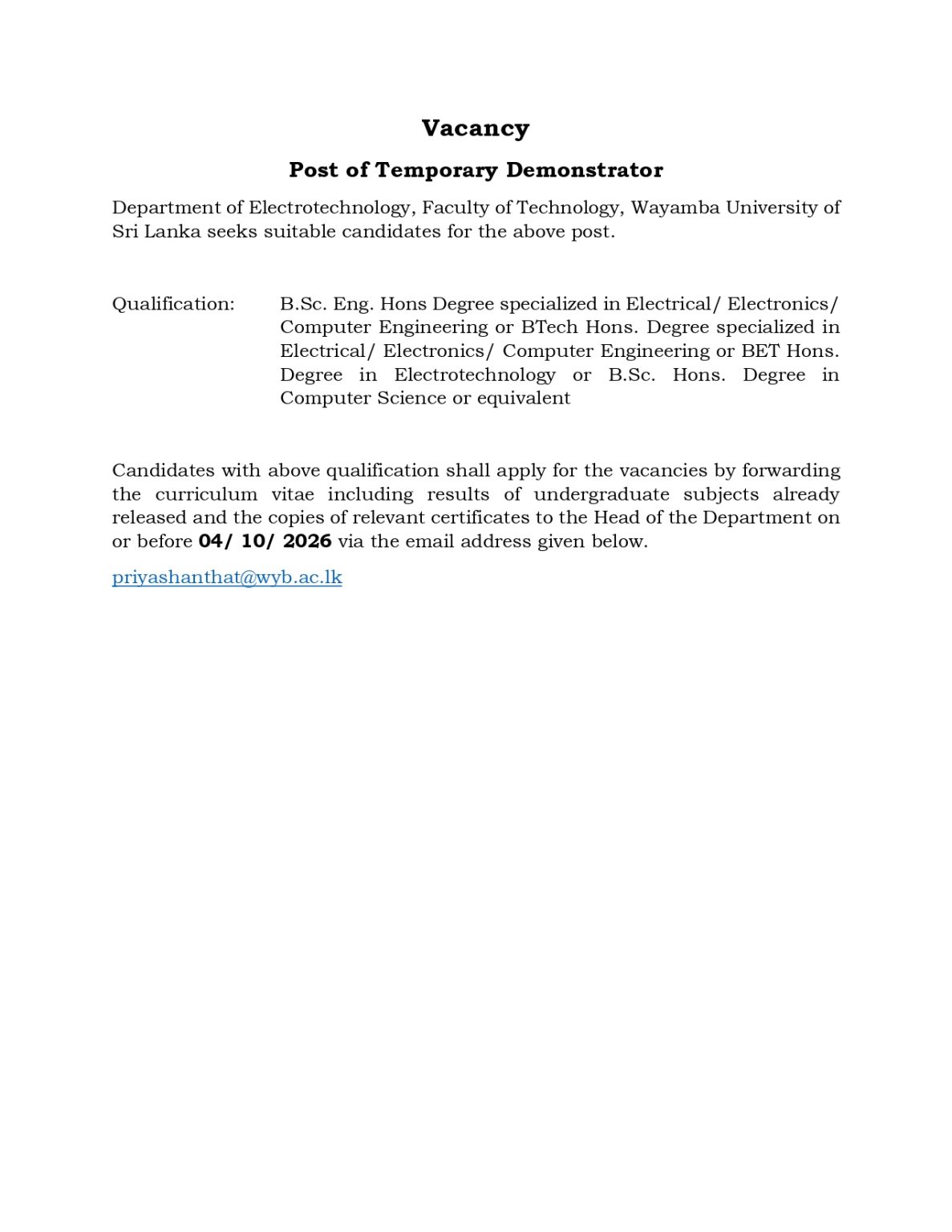 Demonstrator - Wayamba University of Sri Lanka